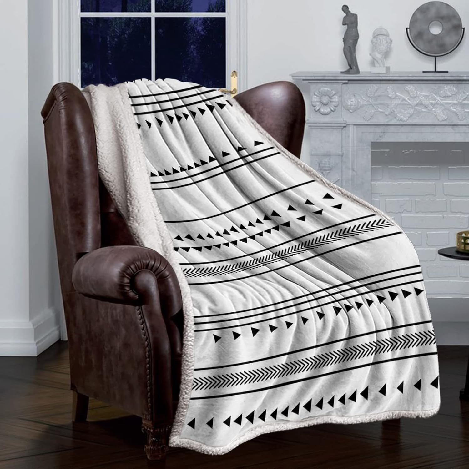 Sherpa Blanket Fleece Throw, Bohemian Stripe Geometric Print Boho Black White Soft Plush Fluffy Warm Lightweight Flannel Blanket for Bed Couch All Season Use, 50"x80"