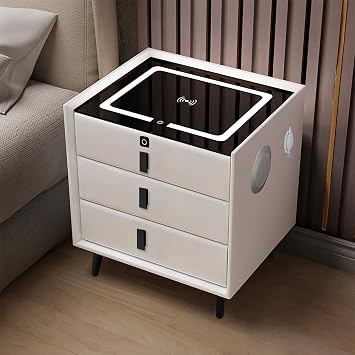 Smart Side Table with Speaker and Fingerprint Lock, Bedroom Side Table with Tri-Color LED Light and USB Port, Modern Bedside Table with Wireless Charging Station, 2/3 Solid Wood Side Table.,W
