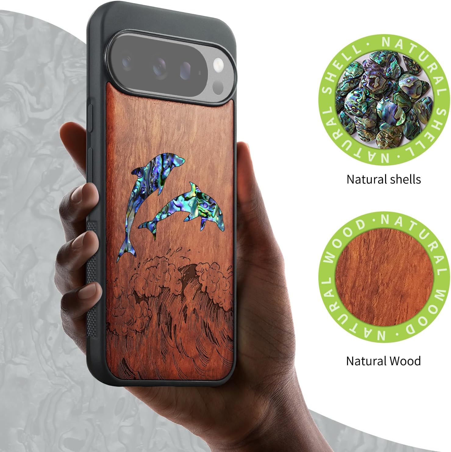 Carveit Magnetic Wooden Case for Google Pixel 10 Pro XL Case, Wood Artisan Engraved & Handmade Shell Inlaid, Compatible with MagSafe Wireless Chargers, Dolphins in The Waves - Rosy