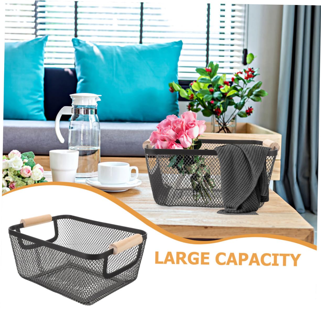 PRETYZOOM Aufbewahrungskörbe im Nordischen Design 2 Stück aus Eisen mit Holzgriffen Vielseitige Metallkörbe und Stabil Stilvoll für Küche und Wohnzimmer