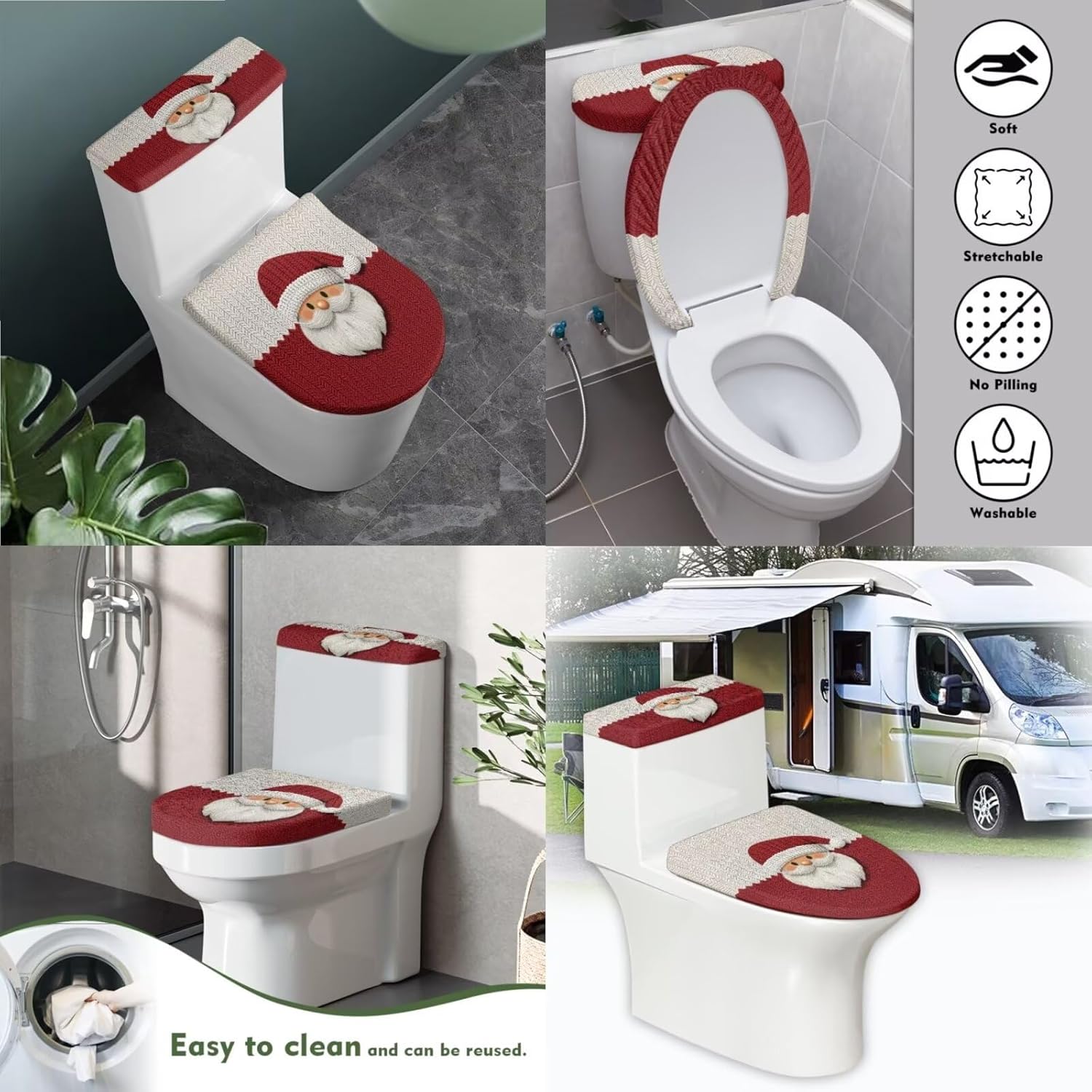 Dual-Tone Christmas Toilet Seat Cover Set with Wool-Like Santa Claus Print - Includes Toilet Lid Cover, Water Tank Cover, and U-Shaped Toilet Rug - Festive Bathroom Decor