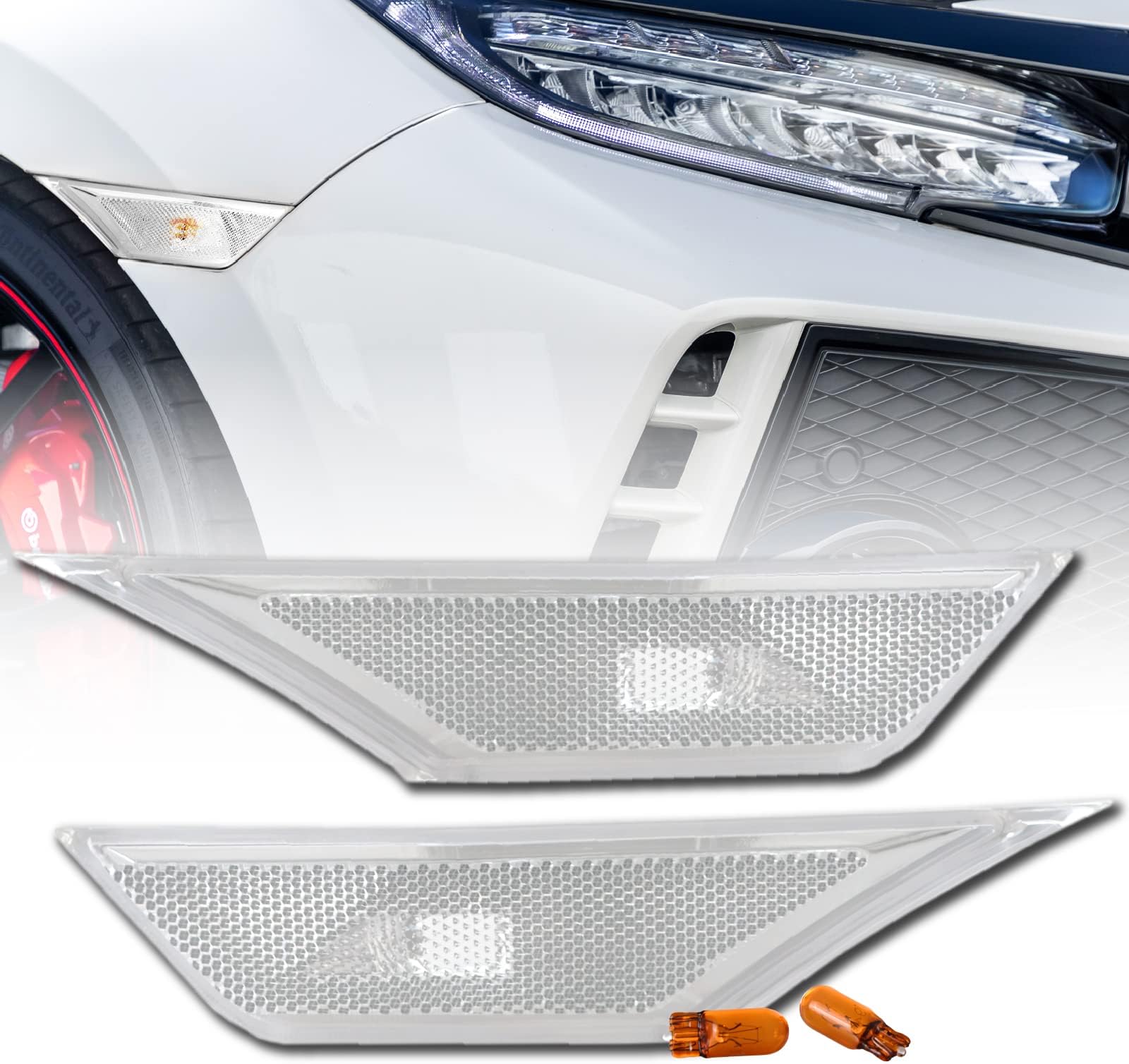 DEPO 2016-2017 Honda Civic 2D/4D/5D Clear Front Bumper Side Marker Light Set + Amber Bulbs