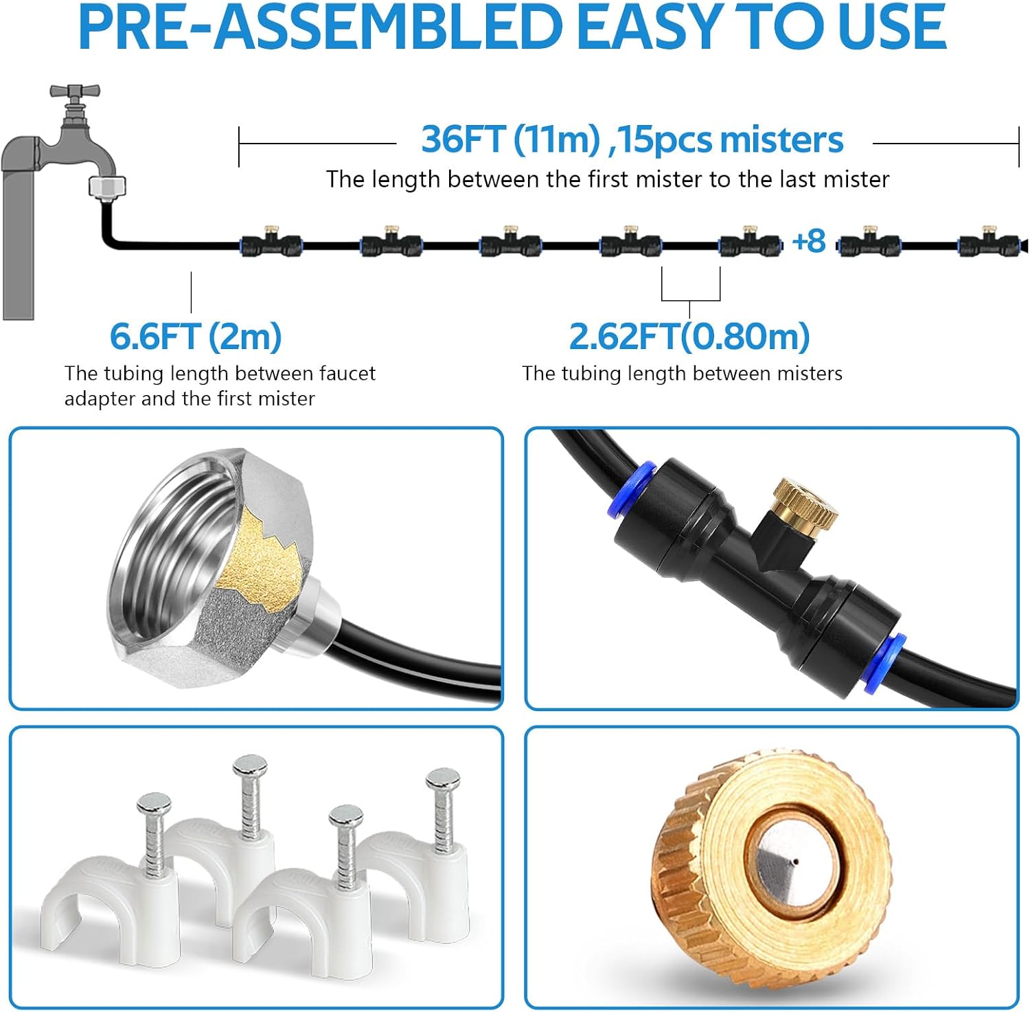 HOMENOTE Misting Cooling System, 42FT(13M) Pre-Assembled Kit with 15 Brass Nozzles & 3/4" Brass Adapter, Water Timer 1 Outlet