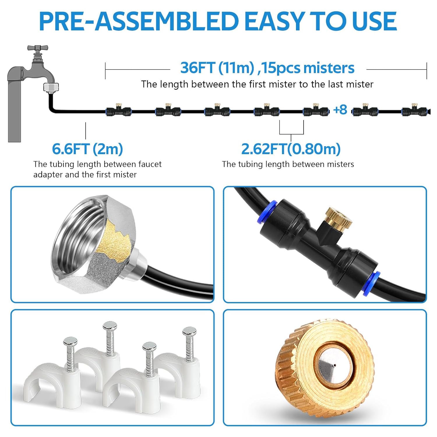 HOMENOTE Misting Cooling System, 42FT(13M) Pre-Assembled Kit with 15 Brass Nozzles & 3/4" Brass Adapter, Cooling Mister for Patio, Backyard, Pets, Garden & Greenhouse