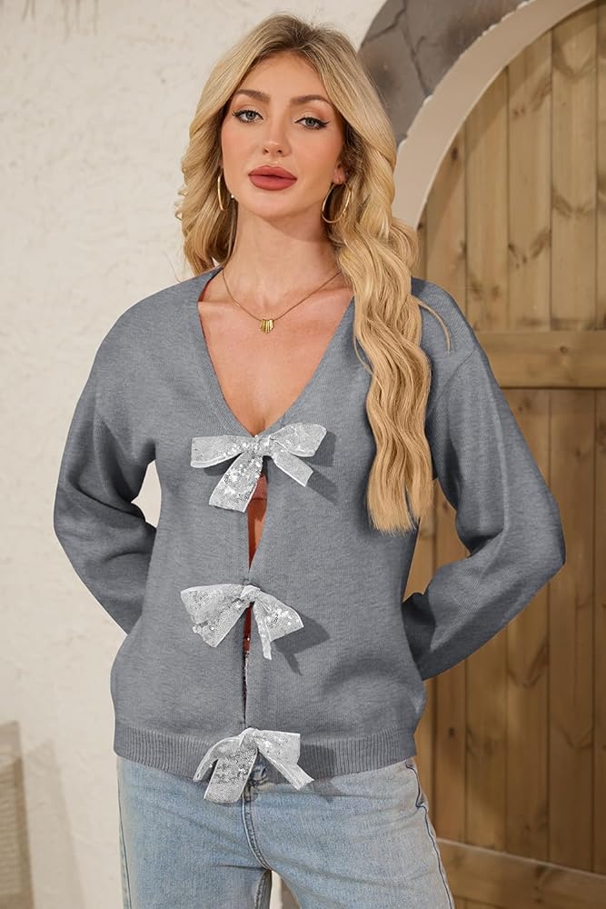 ZDC Womens Bow Sweater Cardigan Trendy Button Down Open