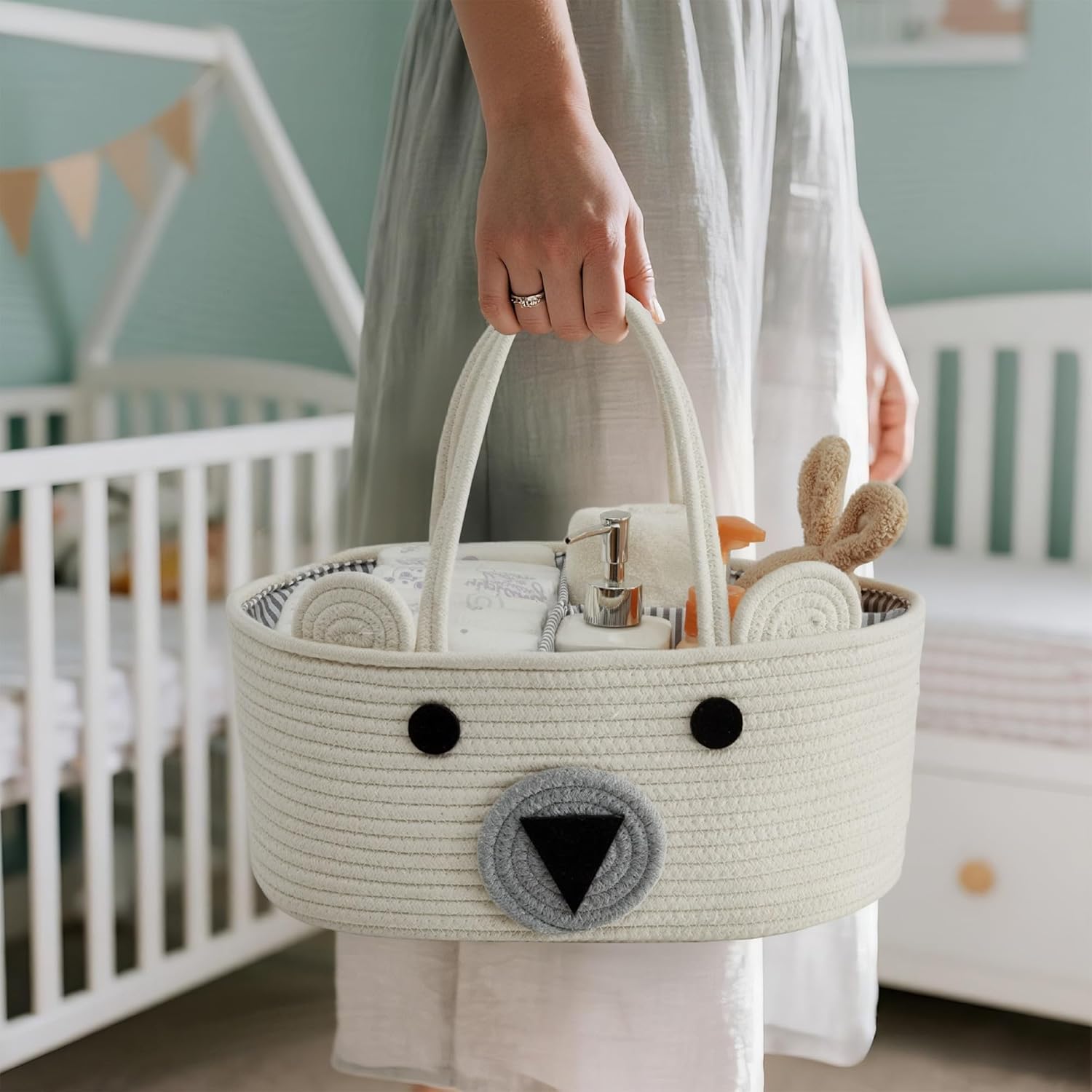 DECOMOMO Teddy Bear Basket, Mother's Day Diaper Caddy Basket, Baby Baskets for Baby Shower (Animal, Large)