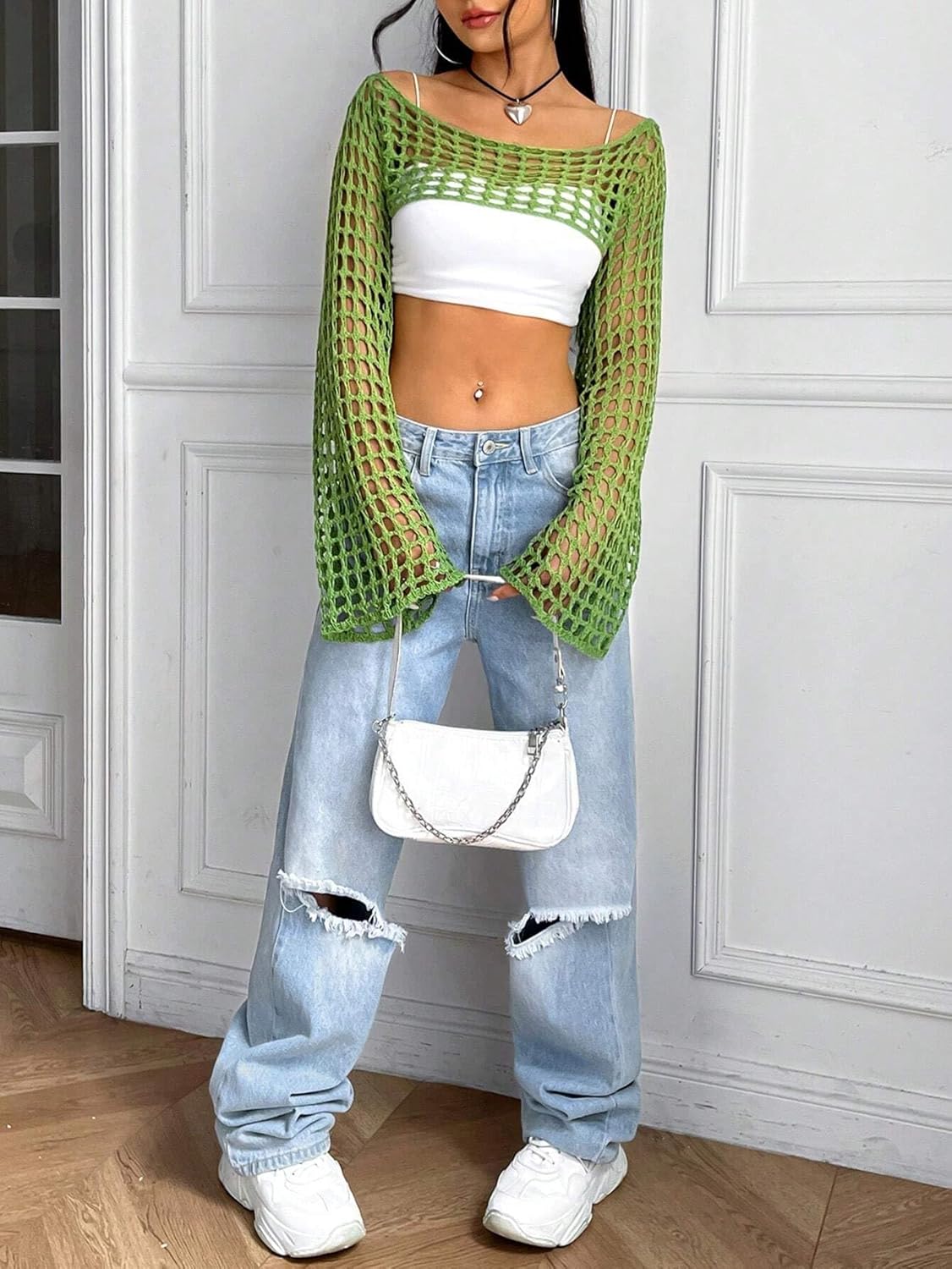 hathne Women Hollow Out Sweater Crop Flounce Off Shoulder Open Knit Top See Through Crochet Trumpet Long Sleeve Knit Top(Green,XL) - Image 7