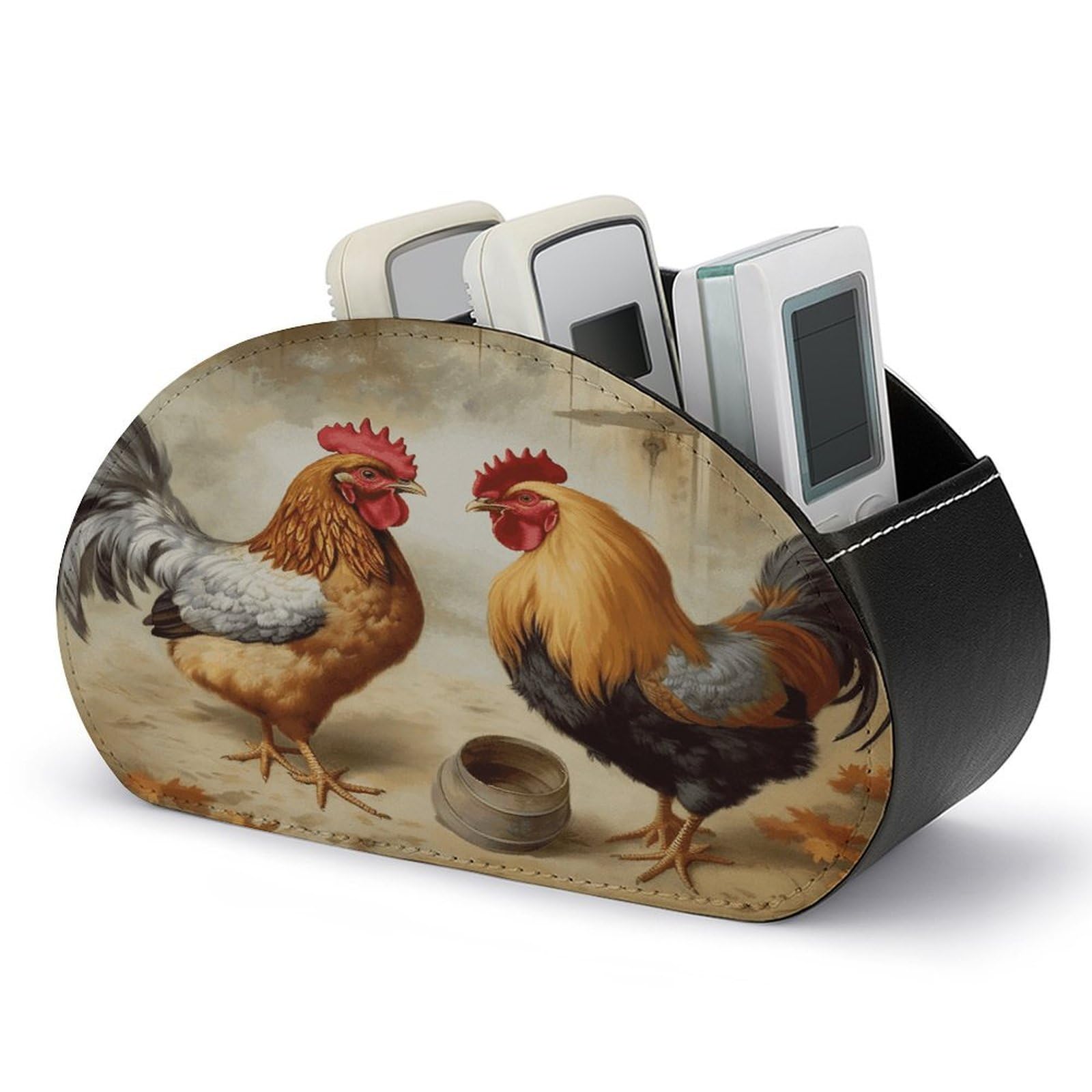 VstaDank Chicken And Rooster Print Remote Control Holder with 5 Compartments PU Leather Remote Caddy Desktop Organizer Store TV Remote Control Storage Box for Home Office Desk Nightstand