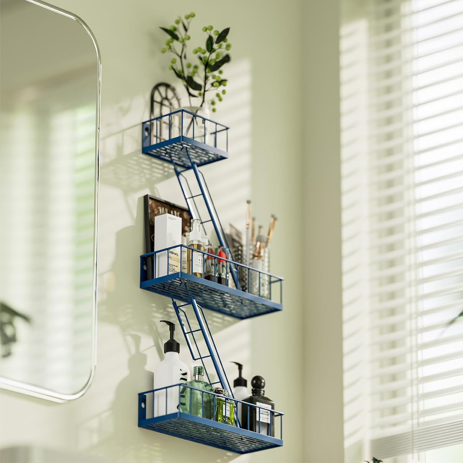 Fire Escape Wall Shelf - NYC Metal Shelf with Decorative Window Design, Modular Floating Shelves for Bedroom, Living Room & Home Décor, Action Figure Display (Navy Blue,3-Tier)
