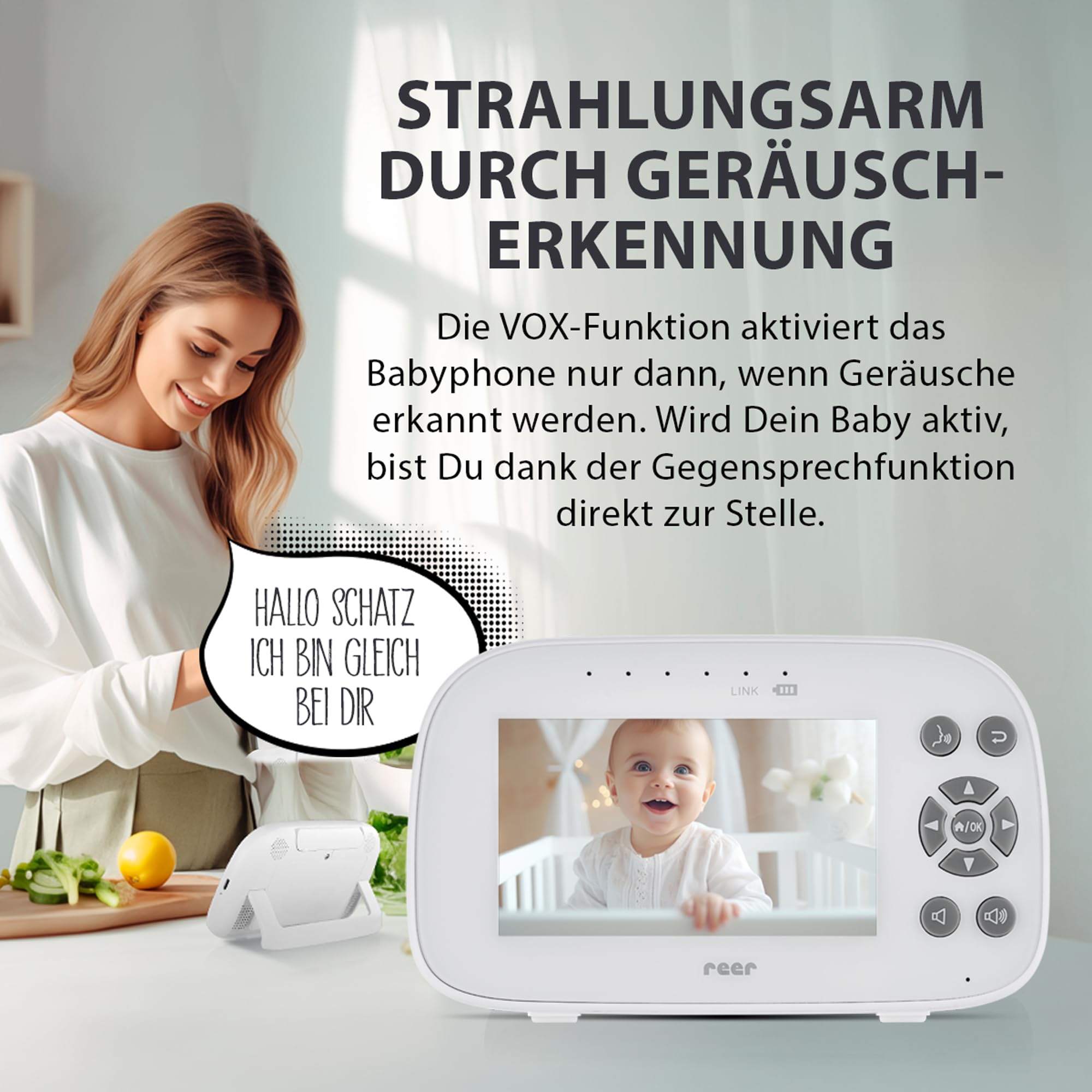 reer BabyCam XL Move | Digitales Video-Babyphone | abhörsichere FHSS-Technologie | 4,3" TFT-Bildschirm | 300m Reichweite | schwenk- & neigbare Kamera | Nachtsicht |Gegensprechfunktion | weiß