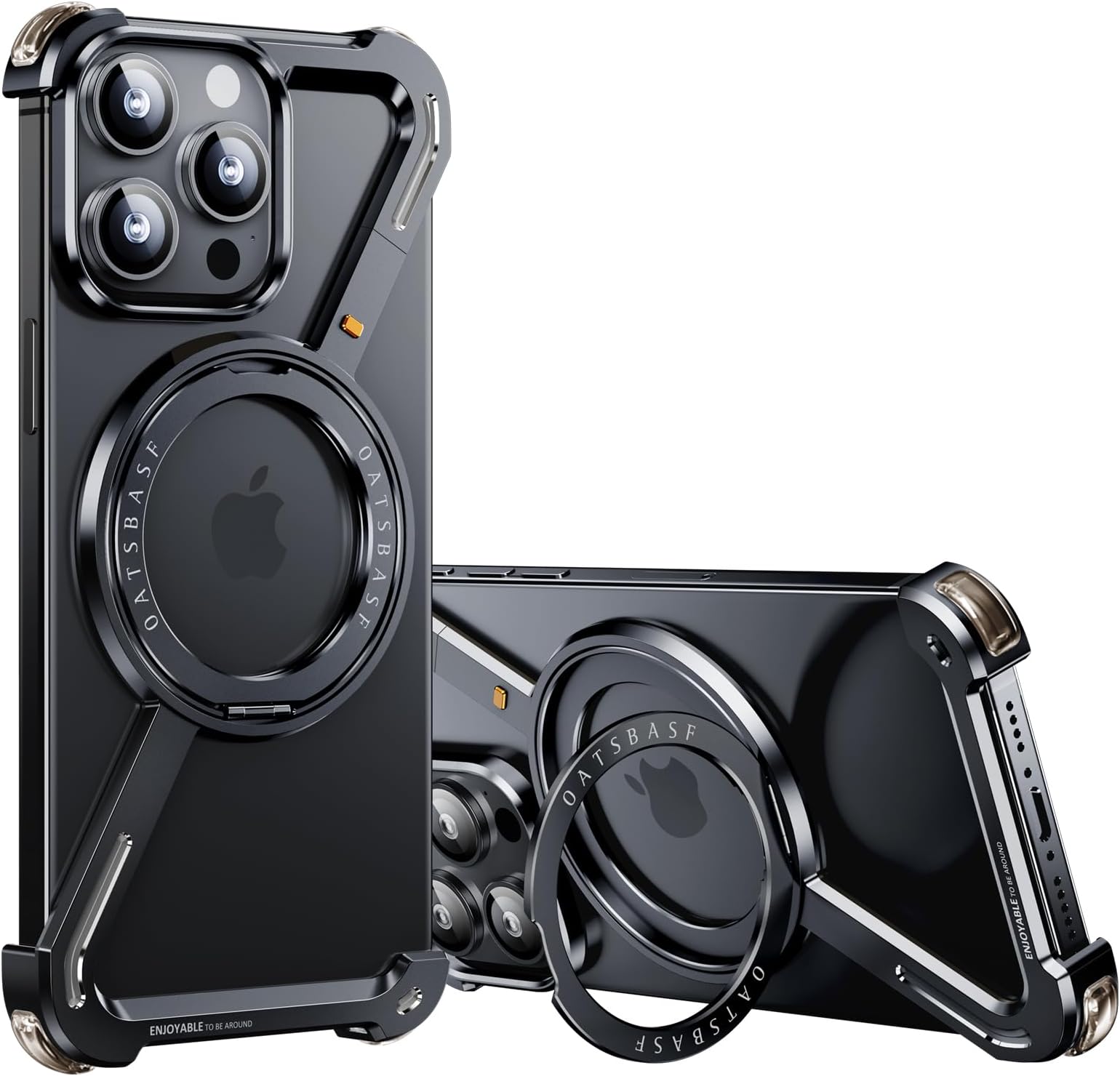 OATSBASF Minimalist Phone Case Bumper Z Case Compatible with iPhone 15 Pro Max Black | 6.7", 360Ã‚° Rotation Kickstand, Aluminum Metal, Frameless Design, Protective Shock Grade Shell