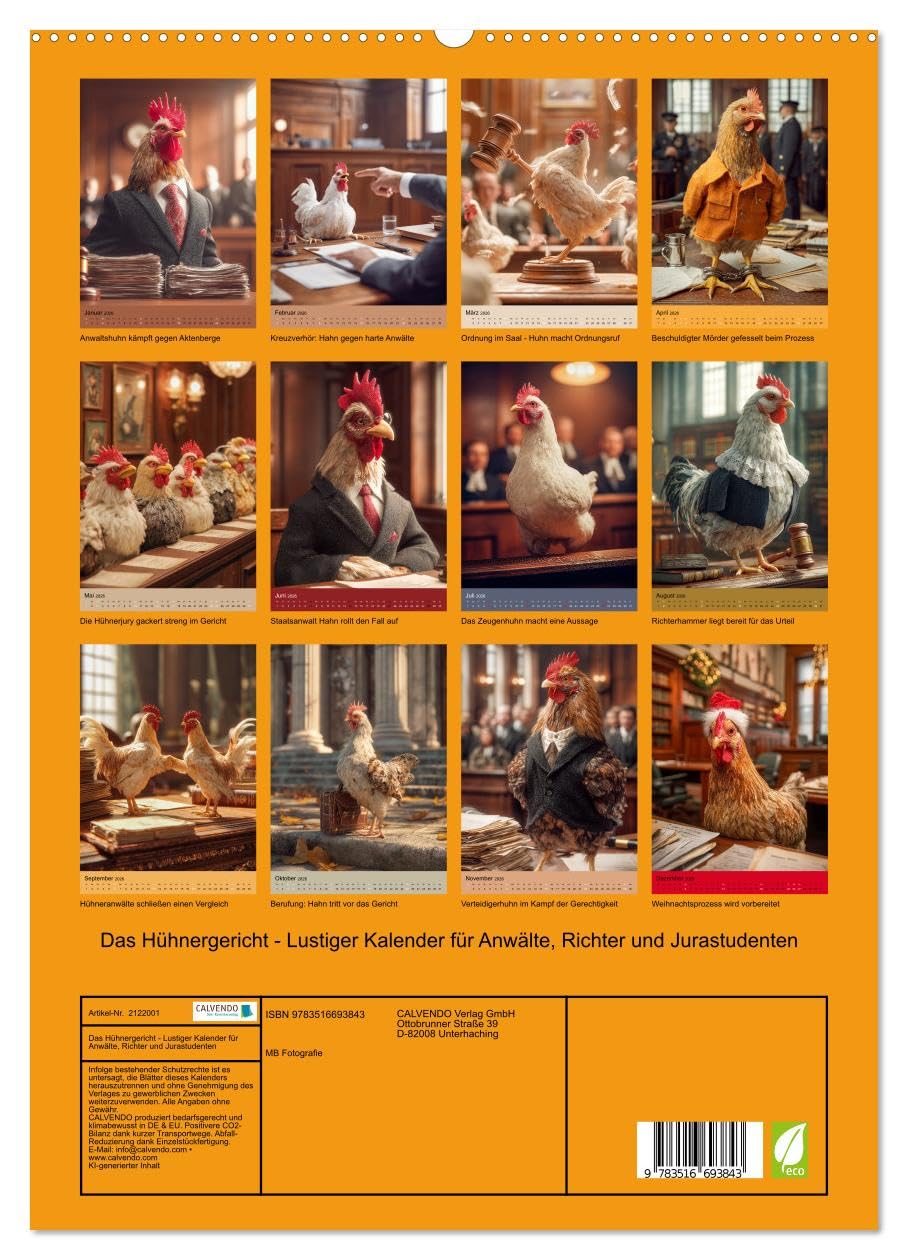 Das Hühnergericht - Lustiger Kalender für Anwälte, Richter und Jurastudenten (hochwertiger Premium Wandkalender 2026 DIN A2 hoch), Kunstdruck in ... für Juristin. Humor pur! (CALVENDO Spass)