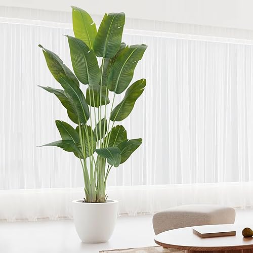 Miniatura 49 de Planta artificial de ave del paraíso de 4 pies de alto, palmera tropical falsa, plantas falsas grandes con 9 hojas de plátano de seda, plantas