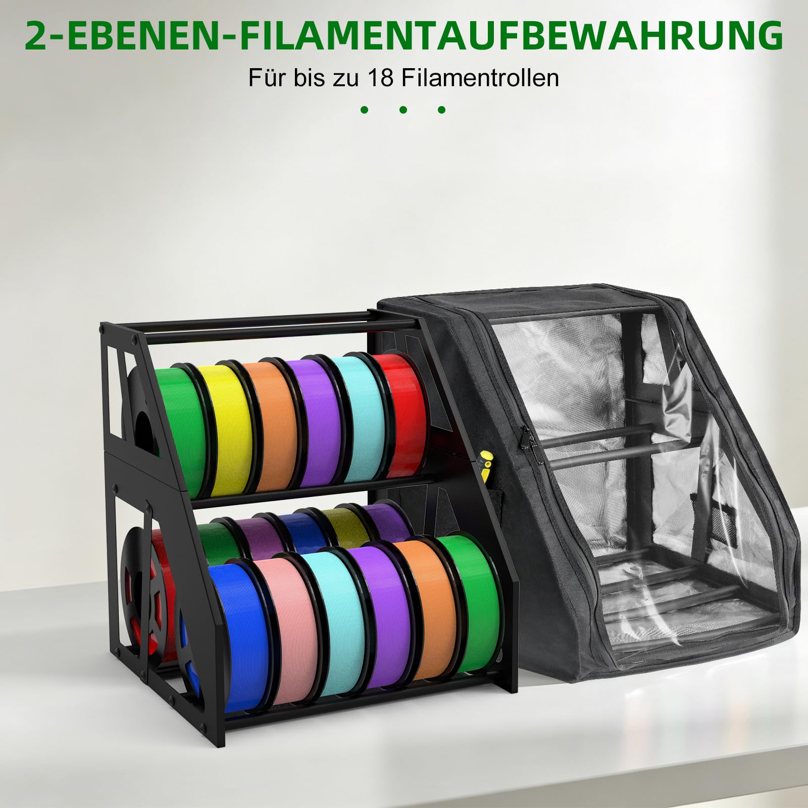 3D Drucker Filament Aufbewahrungsbox für 18 Rollen – Metall Filament Regal mit trapezförmigem Design, Staub- und Feuchtigkeitsschutz mit Trockenmittel für Zuhause, Büro und Studio