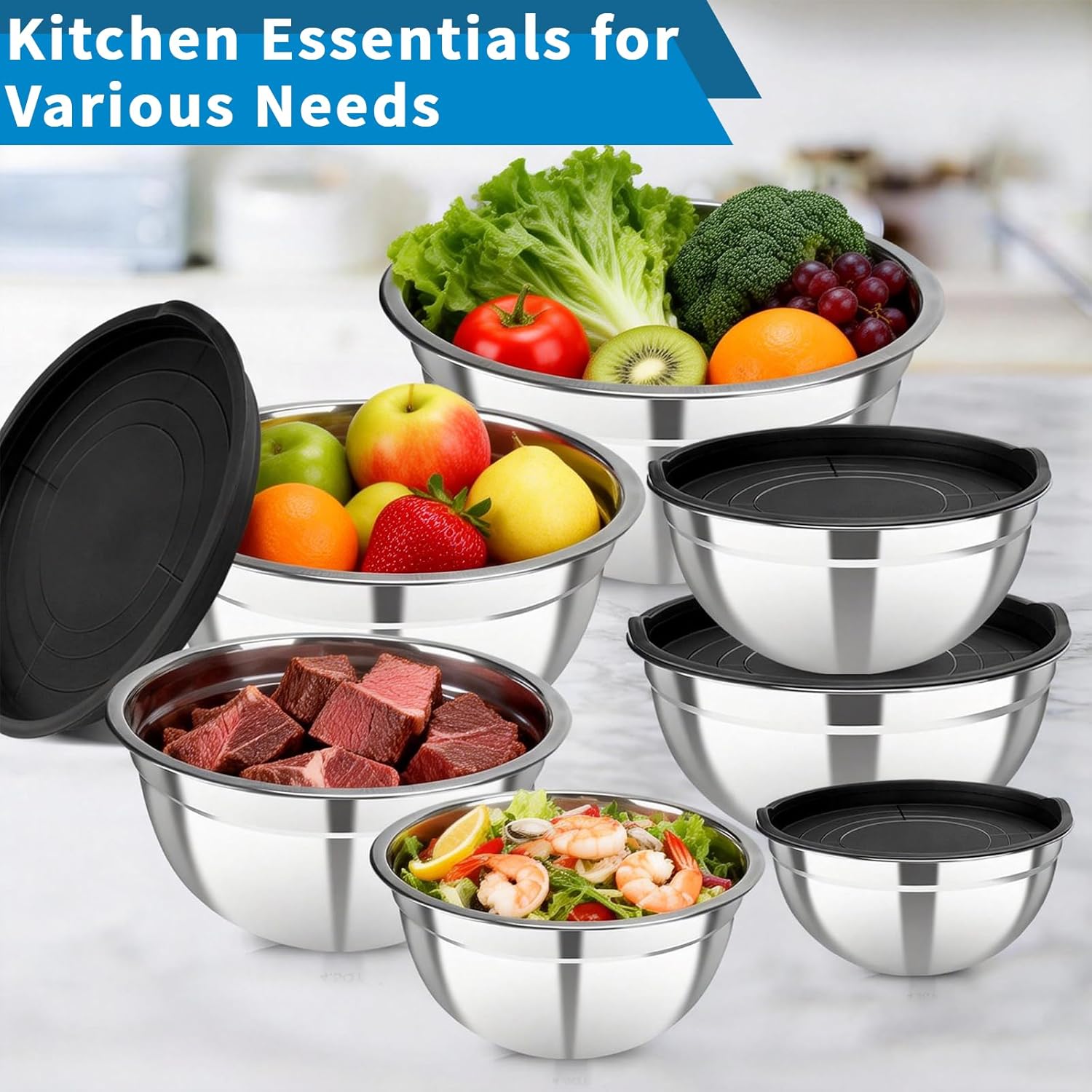 Stainless Steel Mixing Bowls with Lids Set, 7 Pcs Nesting Design Metal Mixing Bowls Salad Bowl for Kitchen Cooking, Baking, Prepping and Serving Food (Size 0.7, 1.1, 1.5, 2.1, 3.5, 4, 4.5QT)