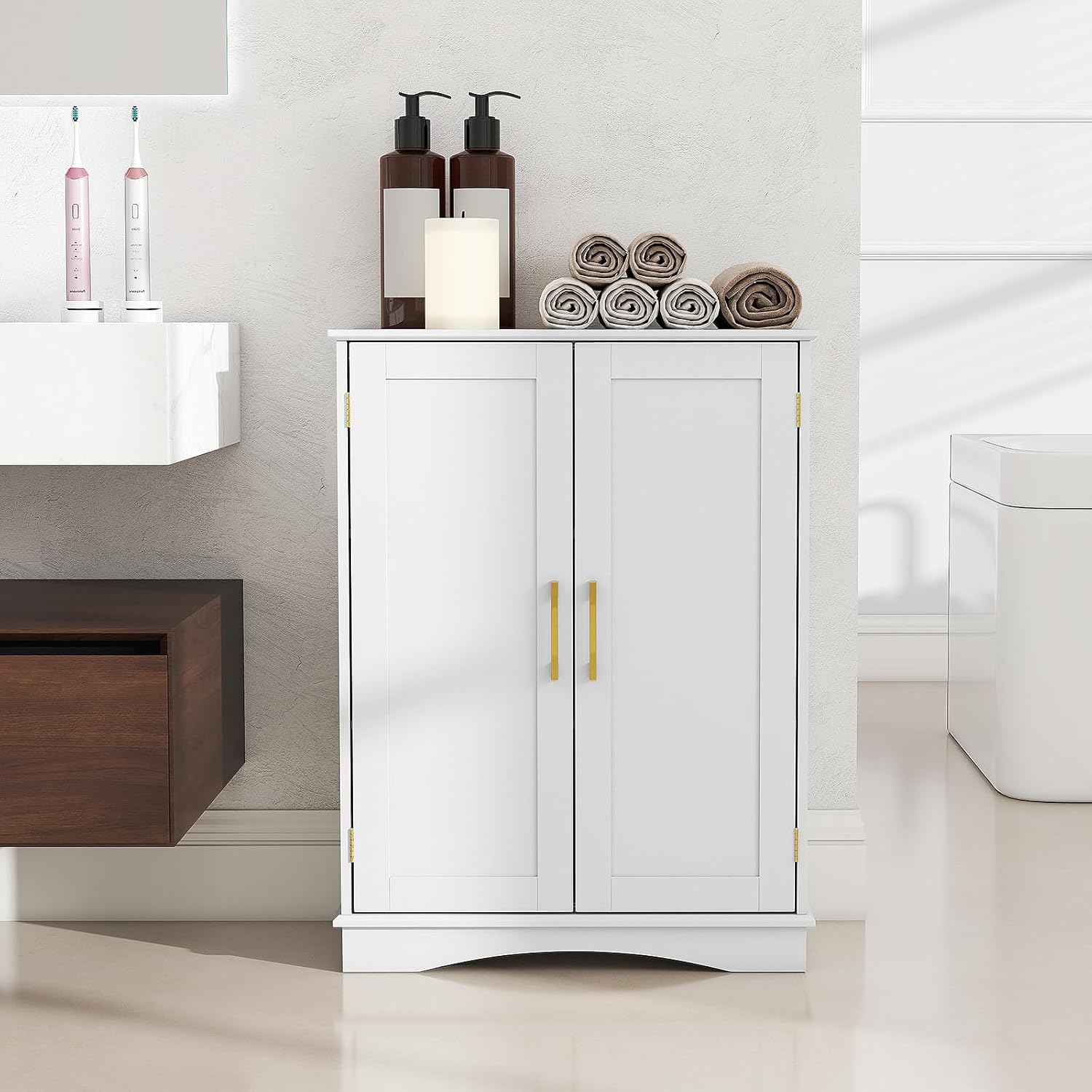 Tangkula Bathroom Floor Storage Cabinet, 31.5" H Freestanding Pantry Cabinet with 2 Doors and Adjustable Shelves, Kitchen Cupboard for Living Room, Dining Room, Bathroom (White, 31.5" H)