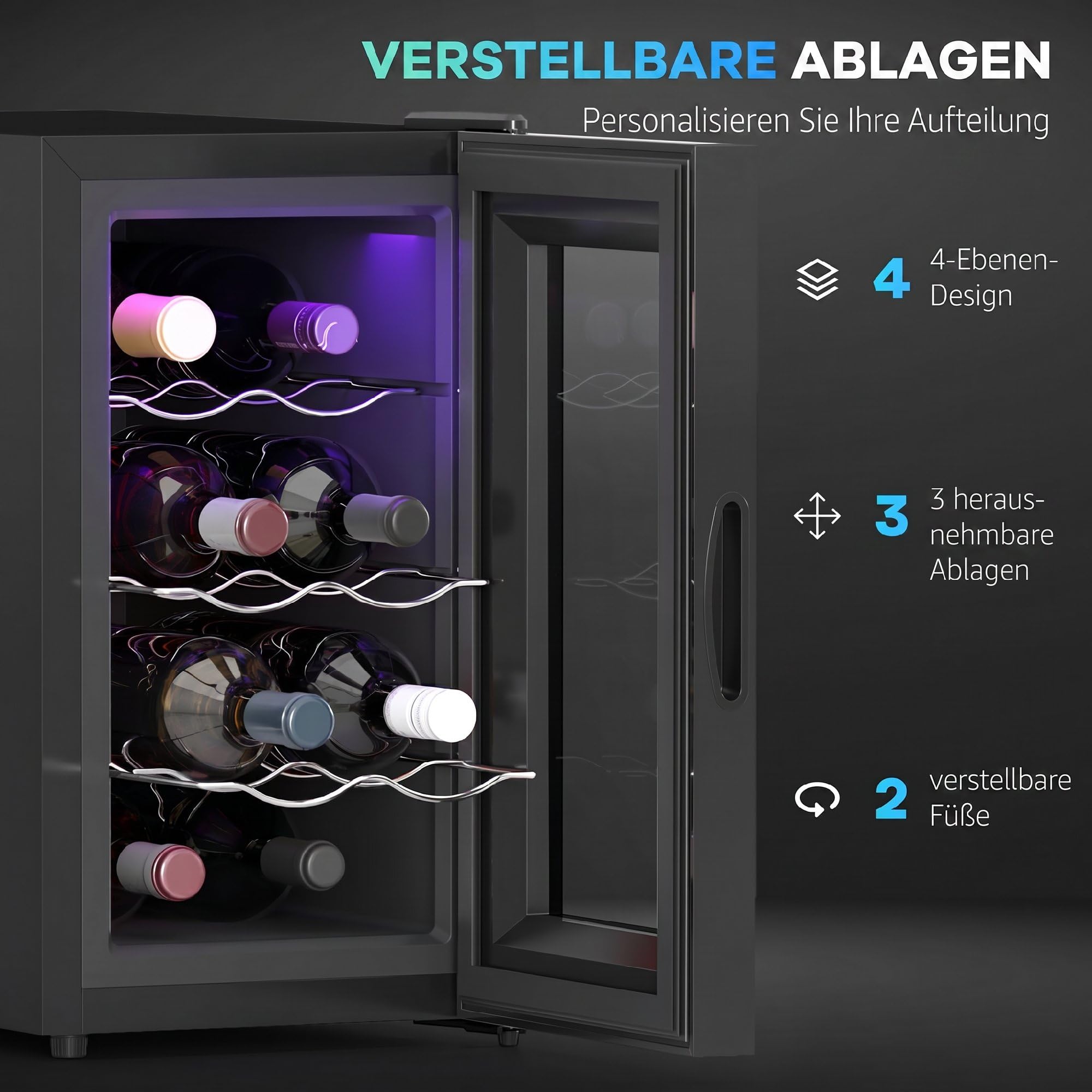 HOMCOM Weinkühlschrank 1 Zonen 8 Flaschen 21L 8-18°C Thermoelektrik LED Touch-Display Schwarz