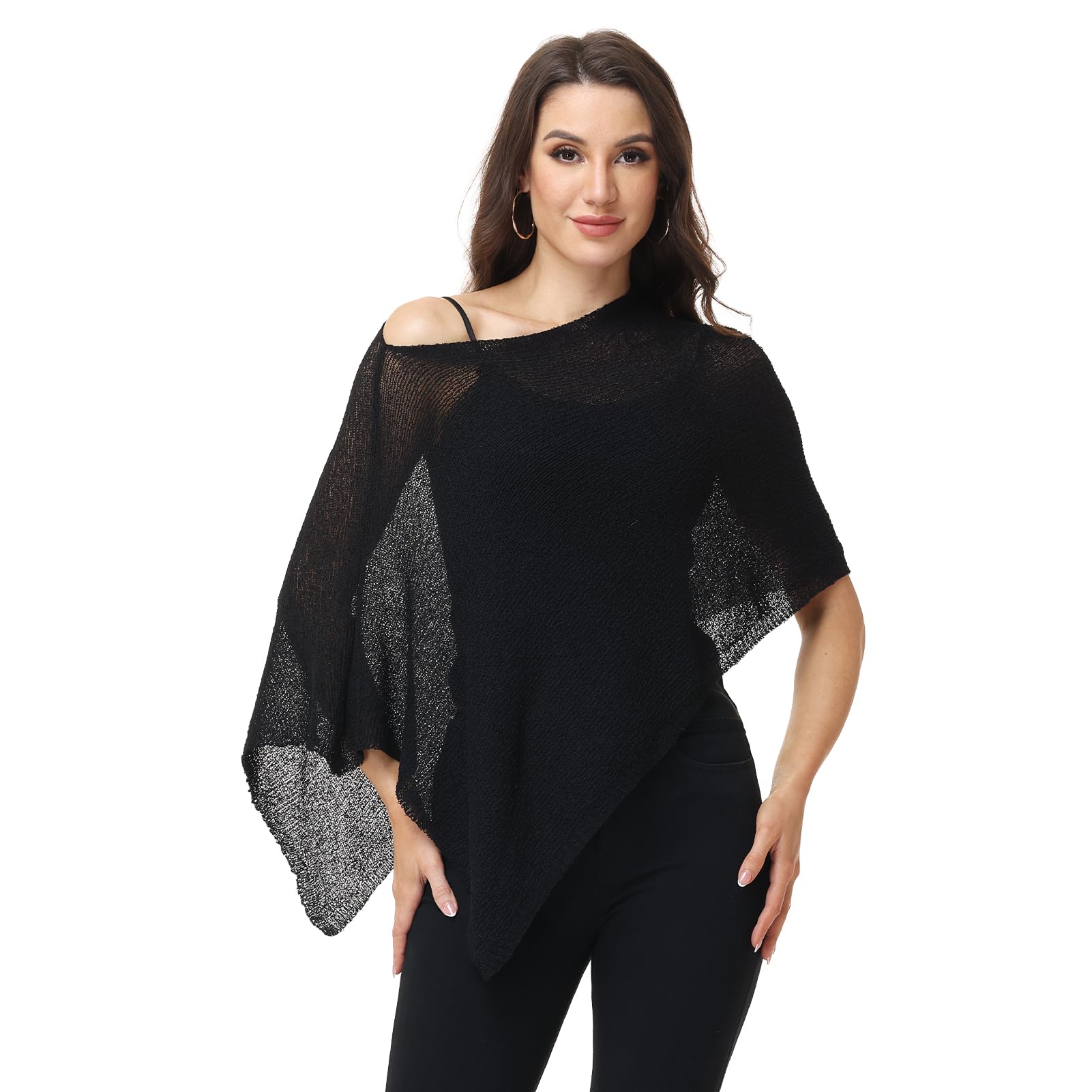 Ladiery Women's Black Sheer Poncho Top Swimsuit Cover Up - Asymmetrical Shrug For Evening Dresses, Formal Beach & Resort Cape (Black)
