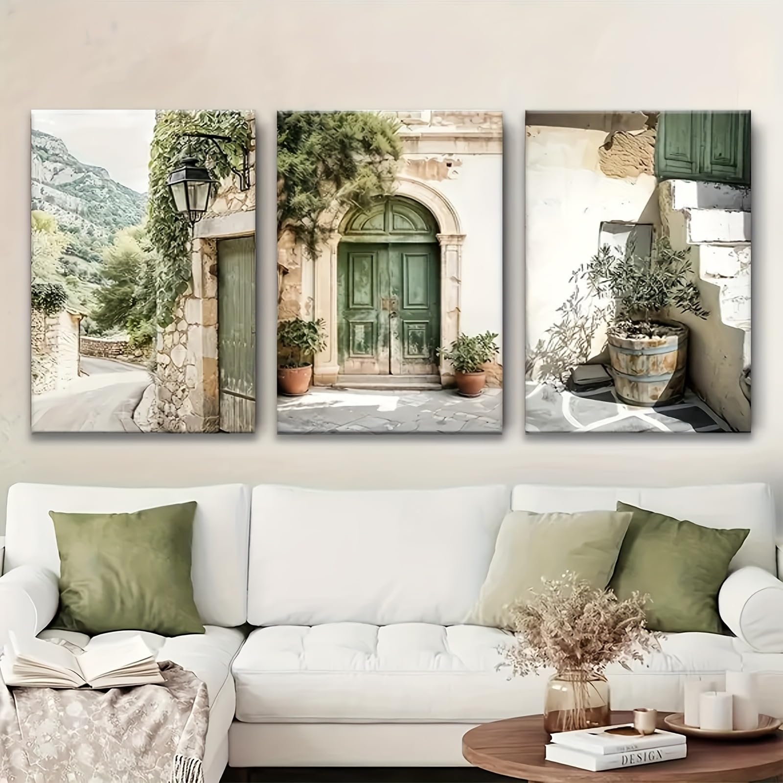 ZBELLO Set of 3 Vintage Italy Landscape Canvas Wall Art,Green Olive Tree Old House Wall Decor,Modern Minimalist Country Farmhouse Art Print For Living Room Office, Unframed (21x30cm)