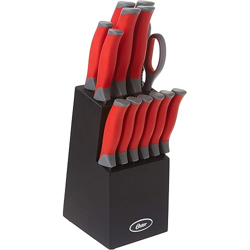 Oster Lindbergh 14 Piece Stainless Steel Cutlery Black Block Set, Red Handles (Pack of 1)