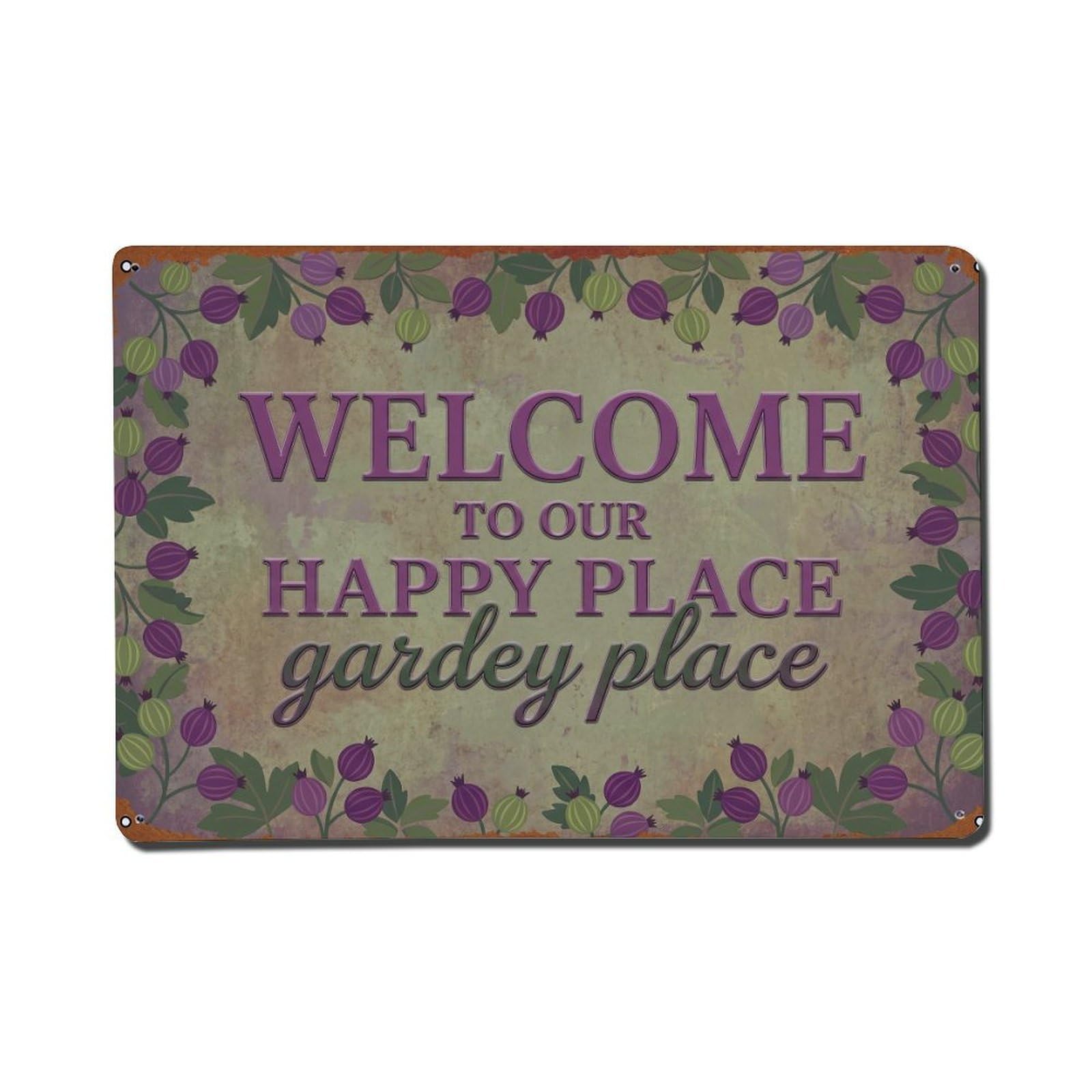 Welcome To Our Happy Place Veitch Berry Garden Metal Tin Sign Plaque Wall Decor for Cafe, Club Bar, Office, Home Garden Metal Poster 8x12Inch