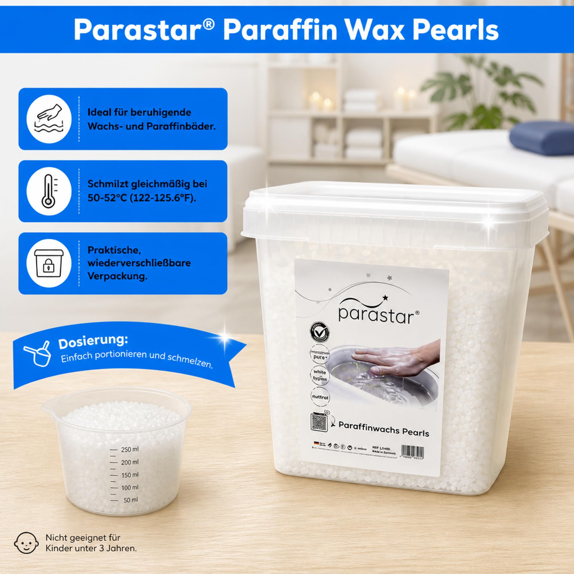 ATC - Perlas de cera de Praffin en diferentes cantidades y en práctico cubo, ideal para baños de cera y listo para usar, 50-52 grados Celsius de temperatura de fundición