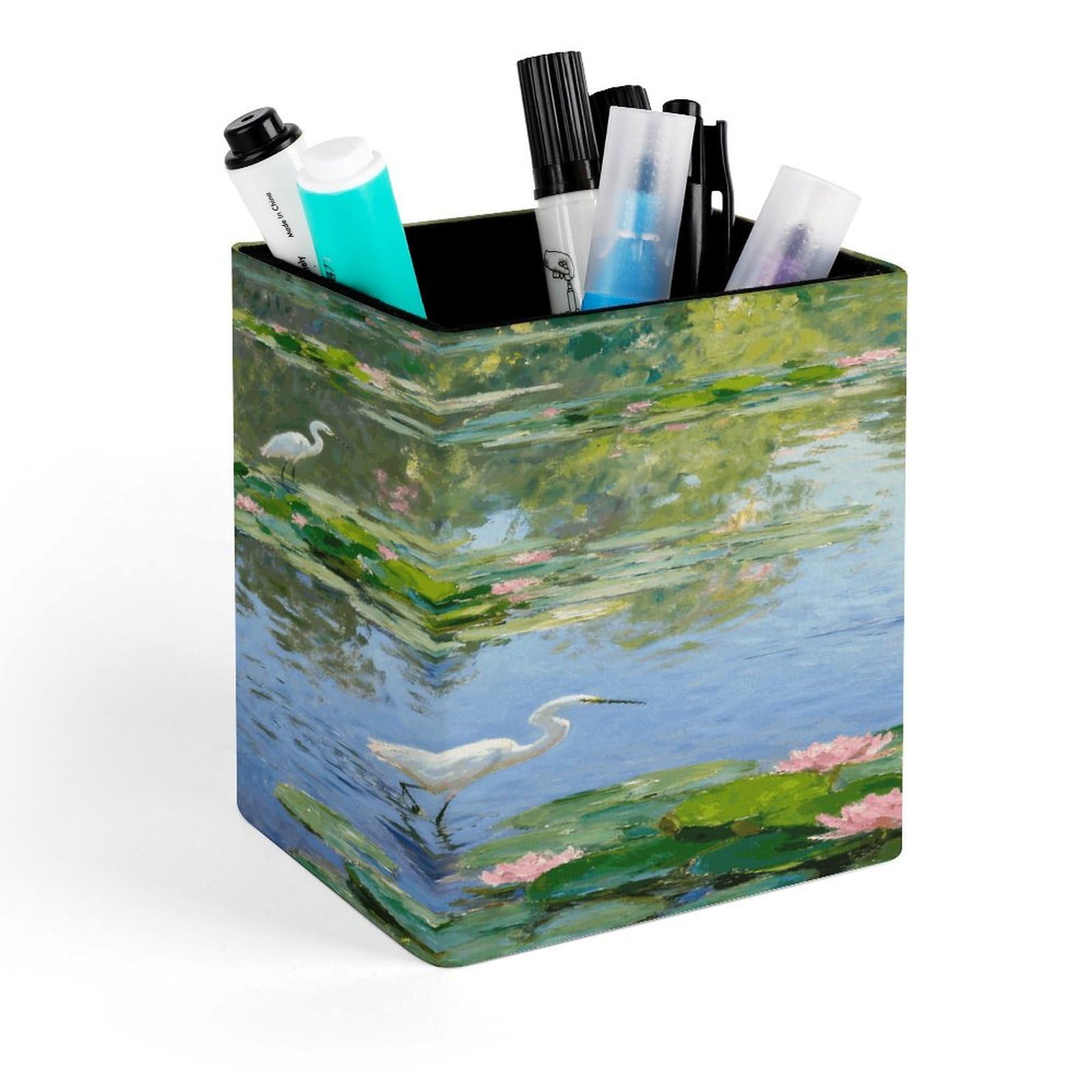 LZQPOEAS Monet's Morning Square Pen Pencil Holder PU Leather Pencil Cup Desktop Stationery Organizer Office Accessories Container