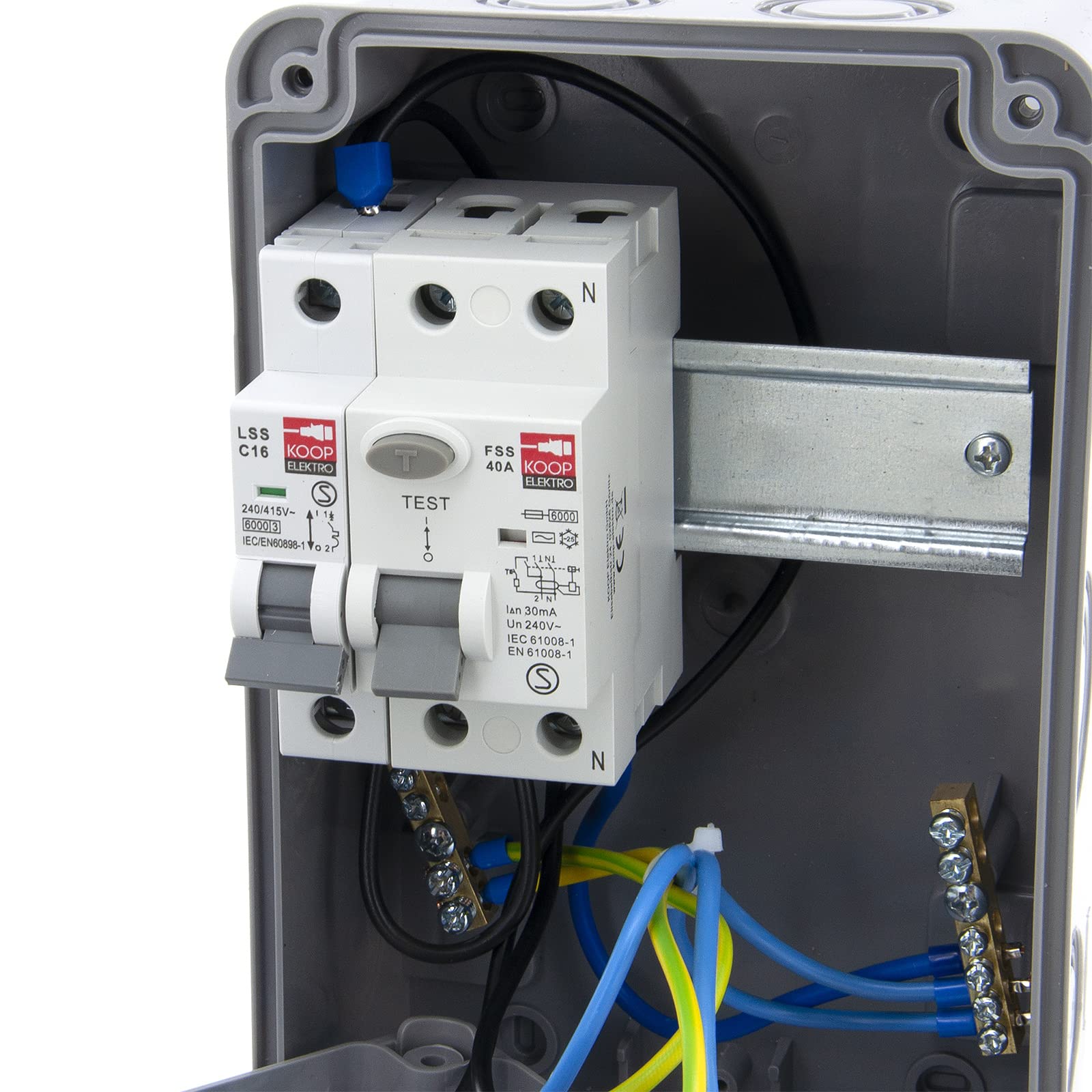 ELS Elektrotechnika Stekkerverdeler, bouwstroomverdeler, wandverdeler, Schuko, 2 x 230 V zekeringen, stroomonderbreker, 2 x LS C16 FI40, bedraad en klaar voor aansluiting, voor