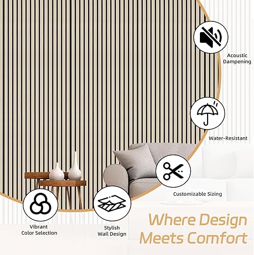 Miniatura 6 de RITOLLO Panel de pared de listones de madera, 4 paneles de pared insonorizados de 48 x 24.5 pulgadas, paneles de pared de madera 3D para decoración