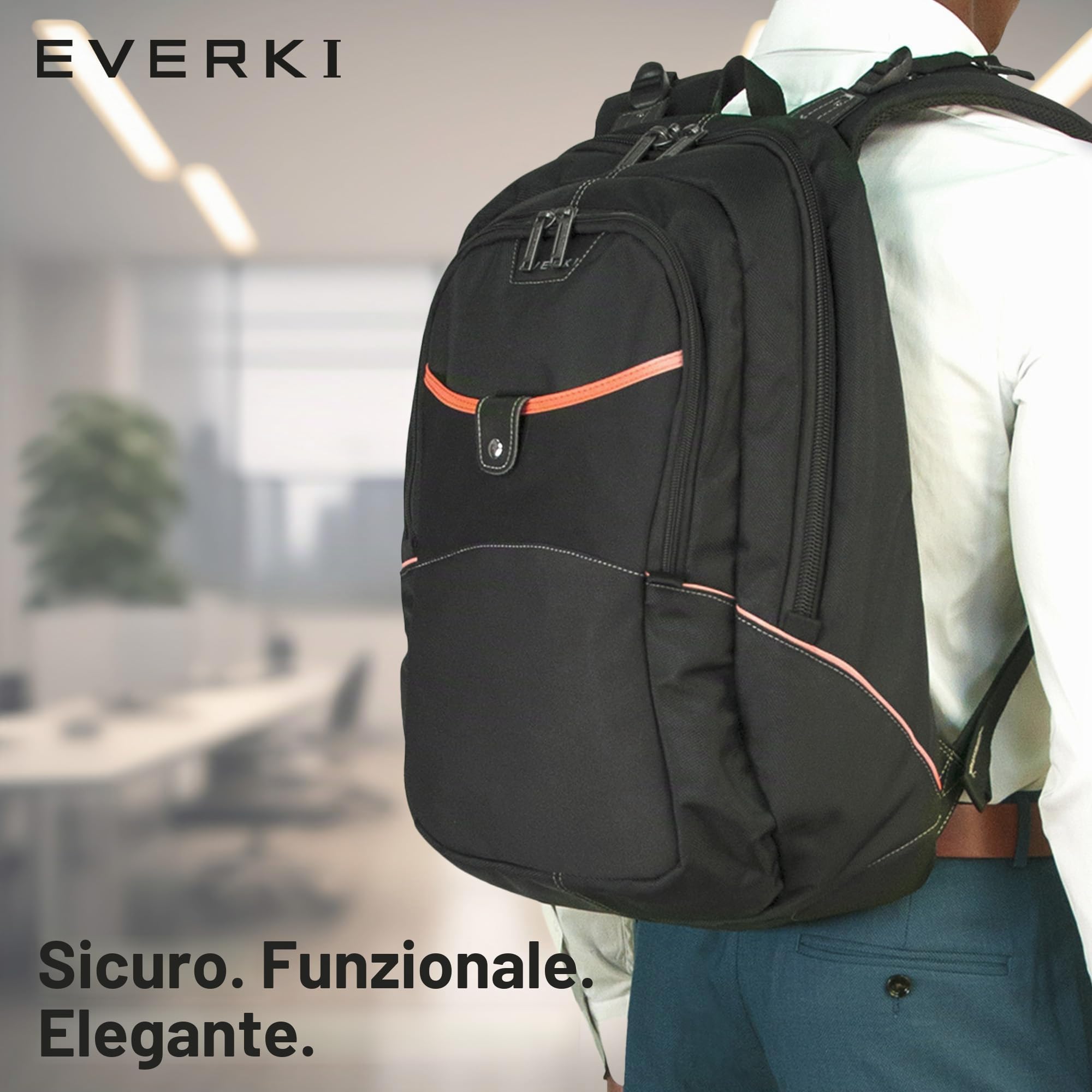 Everki Glide zaino per laptop 17,3" per donna e uomo – robusto e idrorepellente, con strisce riflettenti per studio, viaggio o moto – Nero (EKP129)