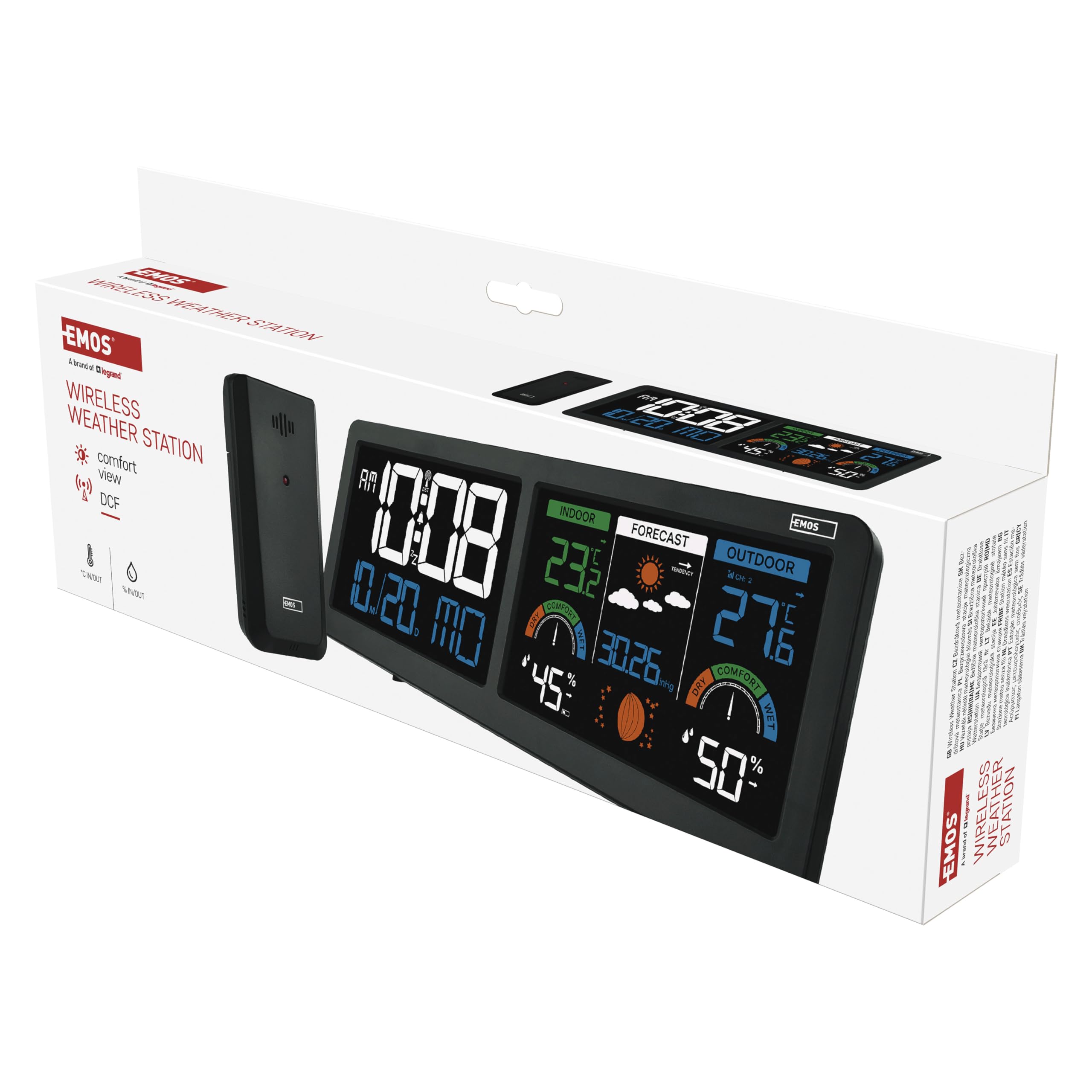 EMOS - Estación meteorológica con 2 pantallas LCD - Sensor inalámbrico (2x AA) - Tecnología Comfort View - Previsión meteorológica, temperatura, humedad, calendario, hora, despertador - Cable de