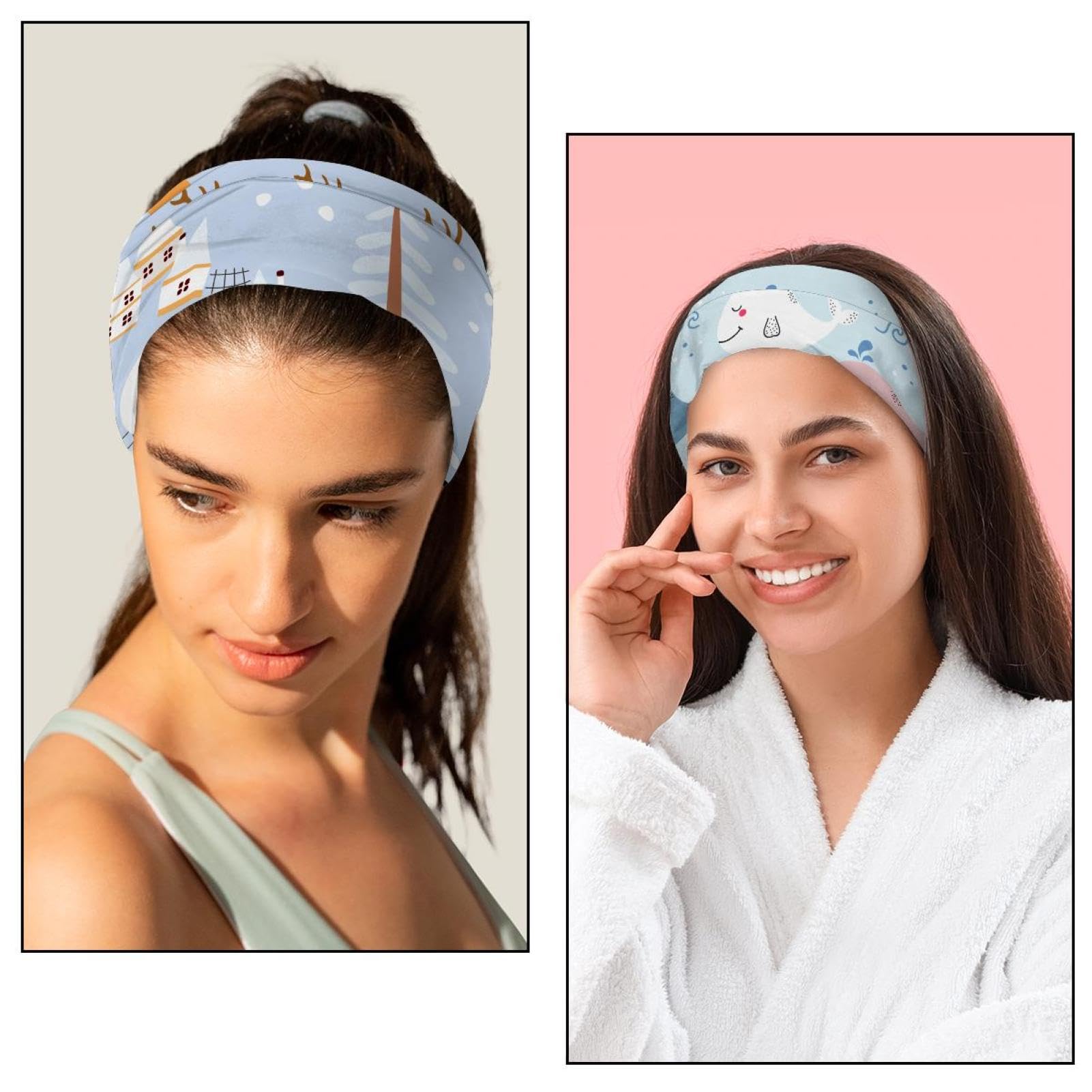 Lot de 6 bandeaux larges antidérapants pour femme - Turban - Plantes de mer - Motif dessin animé dauphin et requin - Bleu - Élastiques - Pour yoga, sueur, sport, entraînement