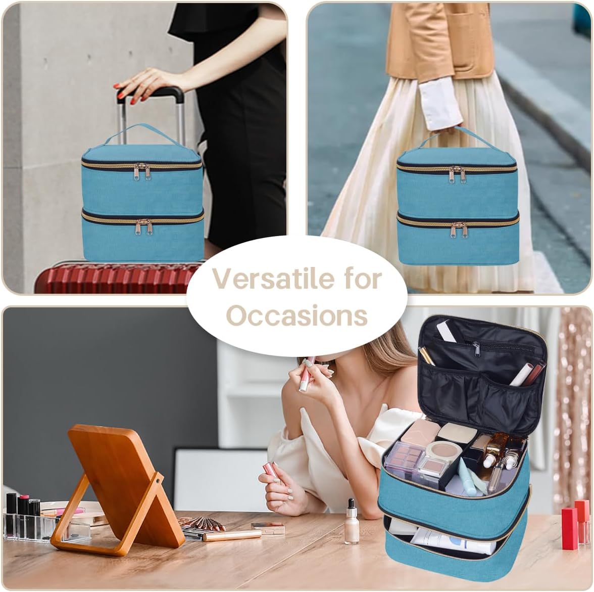 Double Layer Makeup Bag Portable Large Cosmetic Case Organizer with Adjustable Dividers Storage Travel Bag for Accessories Brushes Conditioner and Skin Care Products (Green)