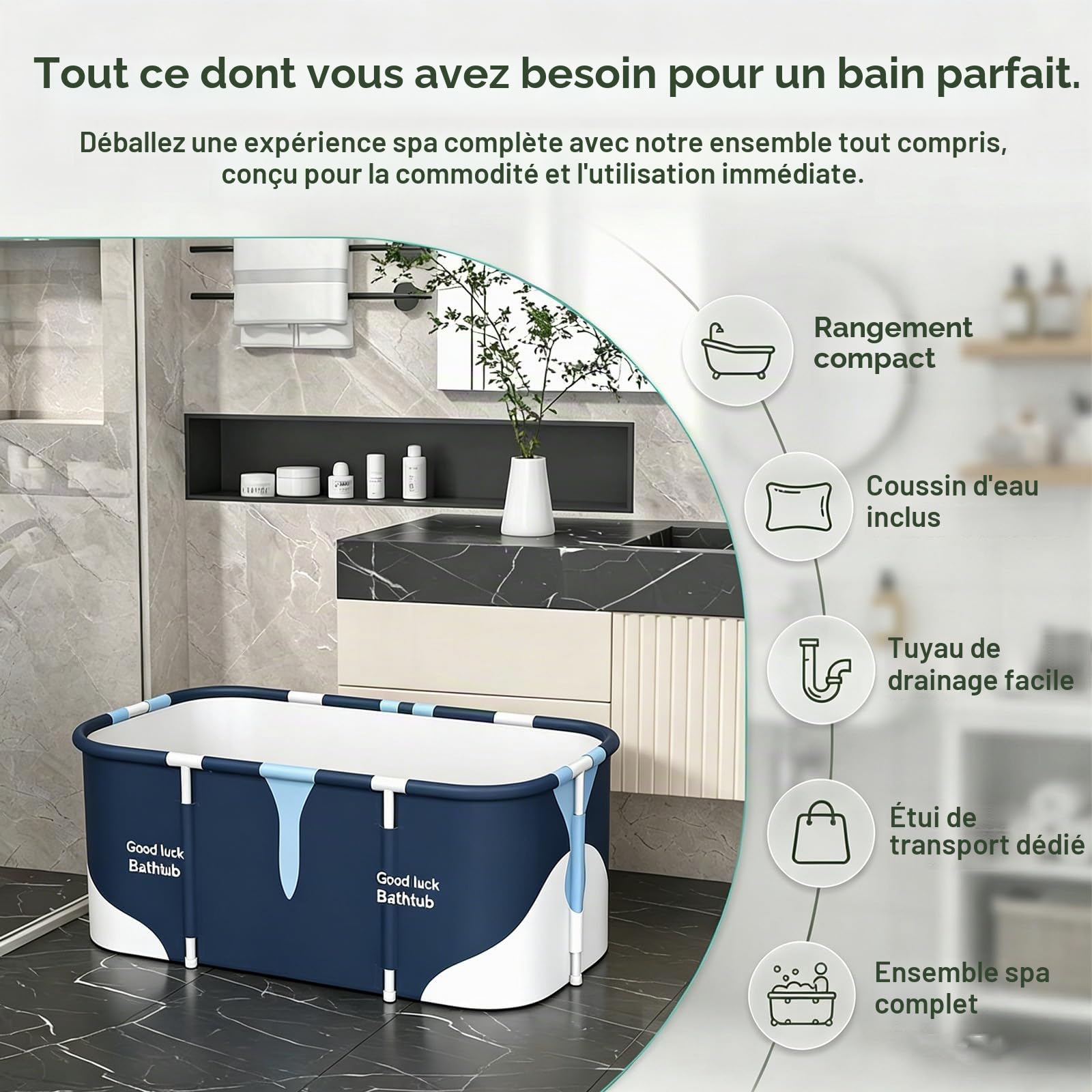 Baignoire portable 140 cm x 60 cm x 55 cm, baignoire familiale pliable pour adultes, baignoire spa pour la salle de bain et la cabine de douche