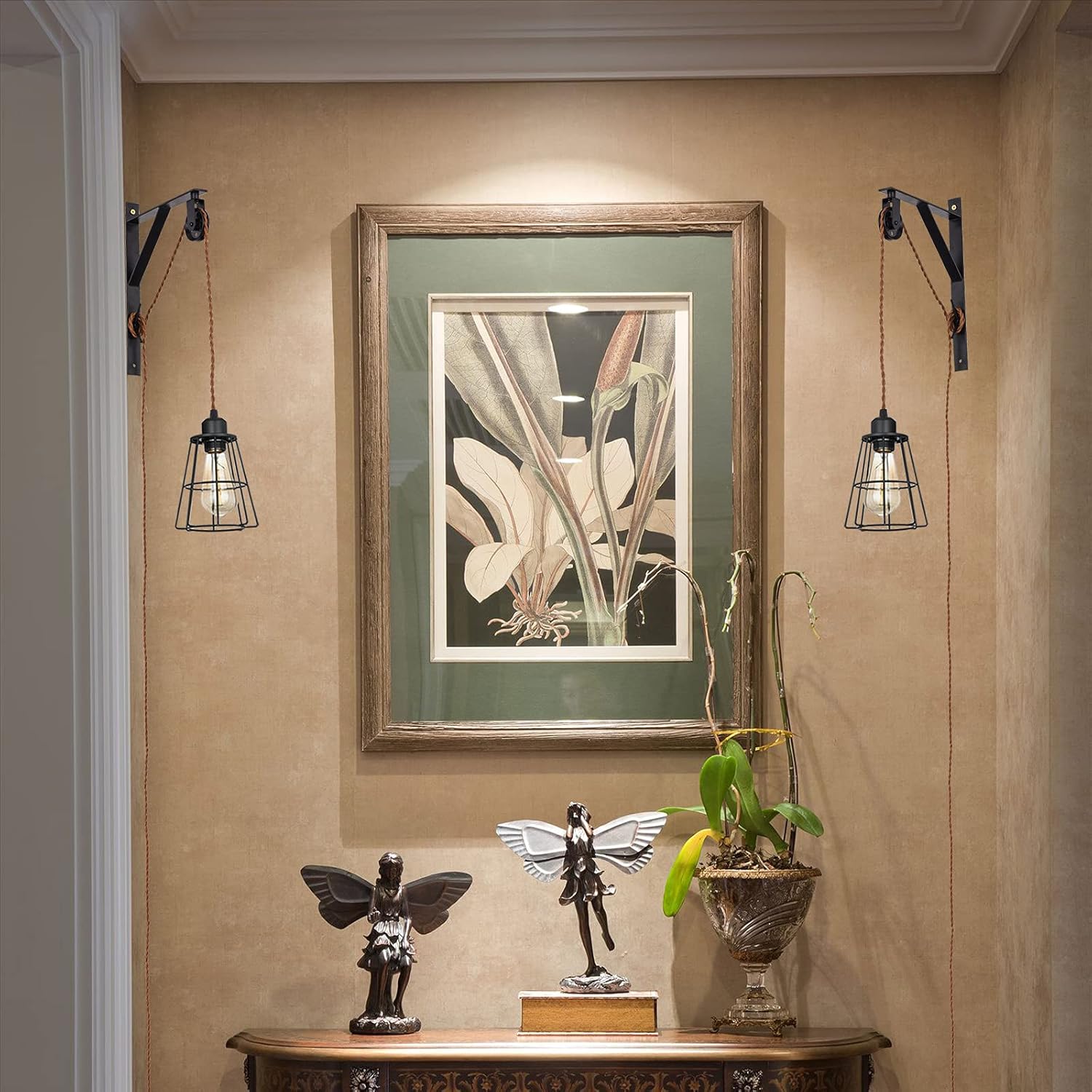 SEEBLEN Industrial Rustic Cage Wall Lamp Bracket Pulley Lights Fixture, Farmhouse Pendant Lamp Adjustable Hanging with Plug in Cord - Retro Wall Sconce for Indoor Living Room Restaurant (1-Pack)