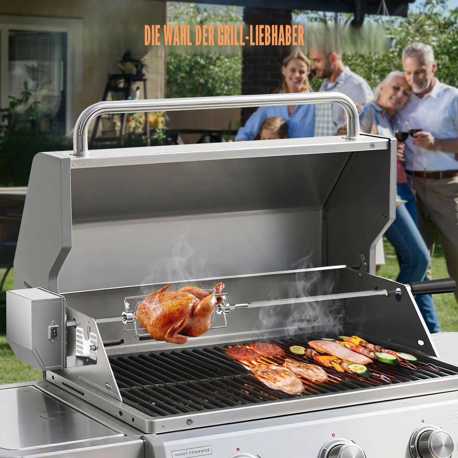 Drehspieß für Gasgrill, 360°automatischer Drehspießgrill mit 120V-4W Motor, 13-17Zoll-Spießstange,4 Fleischgabeln, kompletten Halterungen und Befestigungsschrauben für Campinggrills im Garten