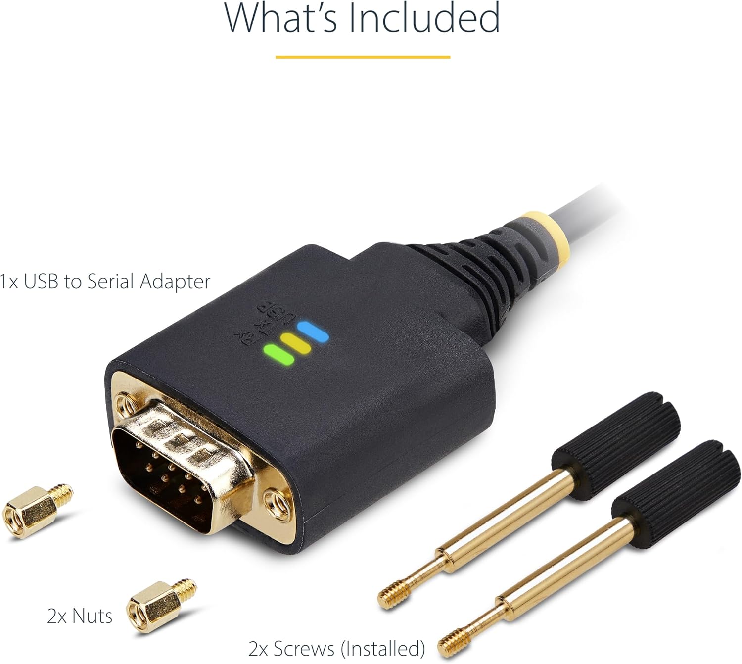 StarTech 6ft (2m) USB to Serial Adapter Cable, COM Retention, FTDI, USB-A to DB9 RS232, LED Indicators, Interchangeable DB9 Screws Nuts