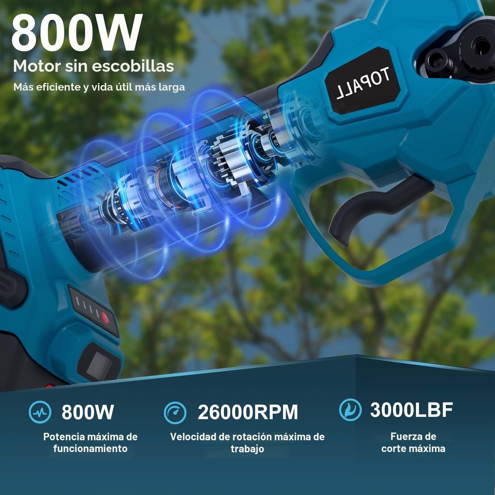 TOPALL Tijeras de Podar Electricas,40MM Tijeras de Podar Bateria, Profesionales Podadora Electrica con 2x4000mAh | 800W Motor Sin Escobillas | Pantalla LCD para Árboles,Huertos,Jardinería