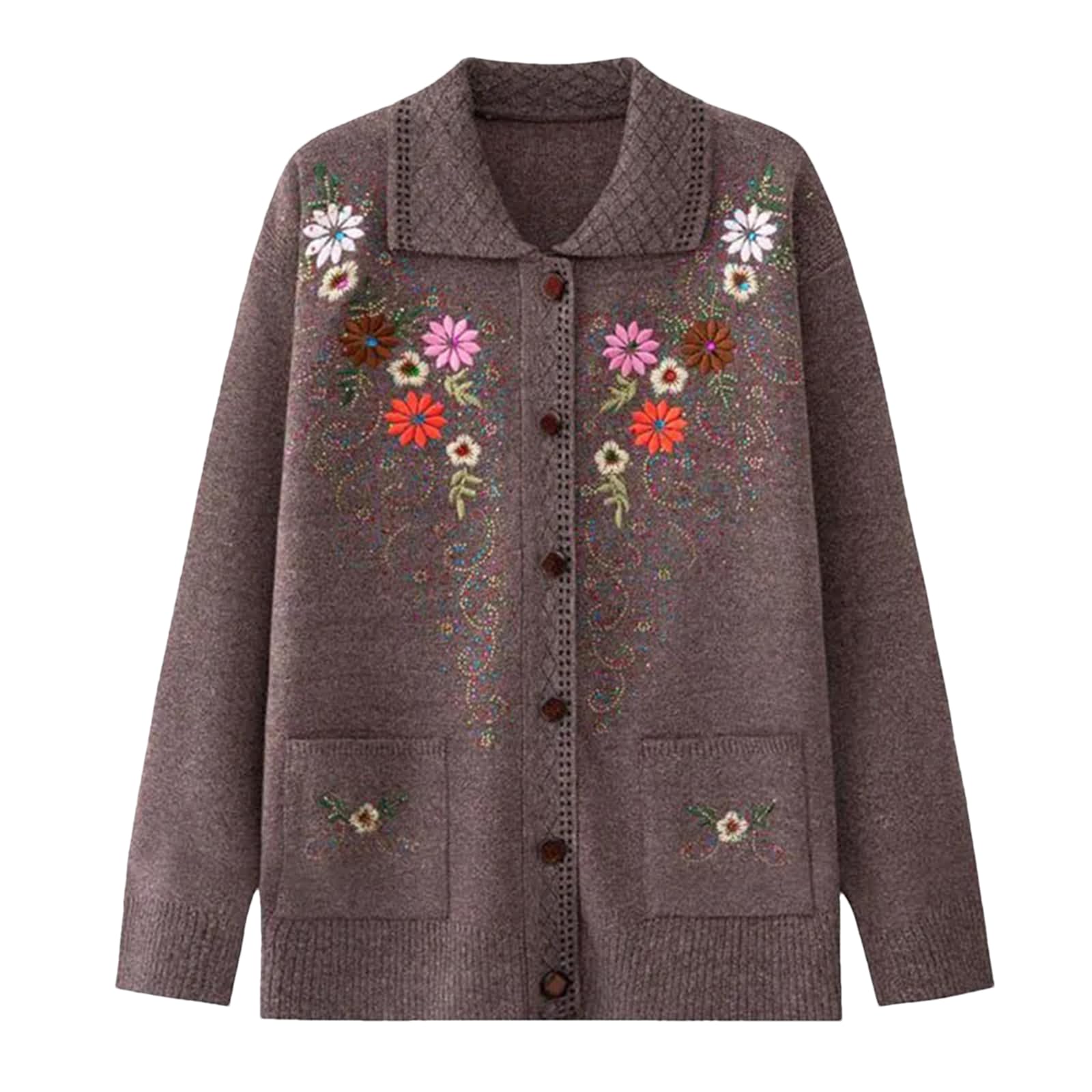 Spring Autumn Middle-Aged Elderly Women's Loose Casual Embroidery Sweater Cardigan