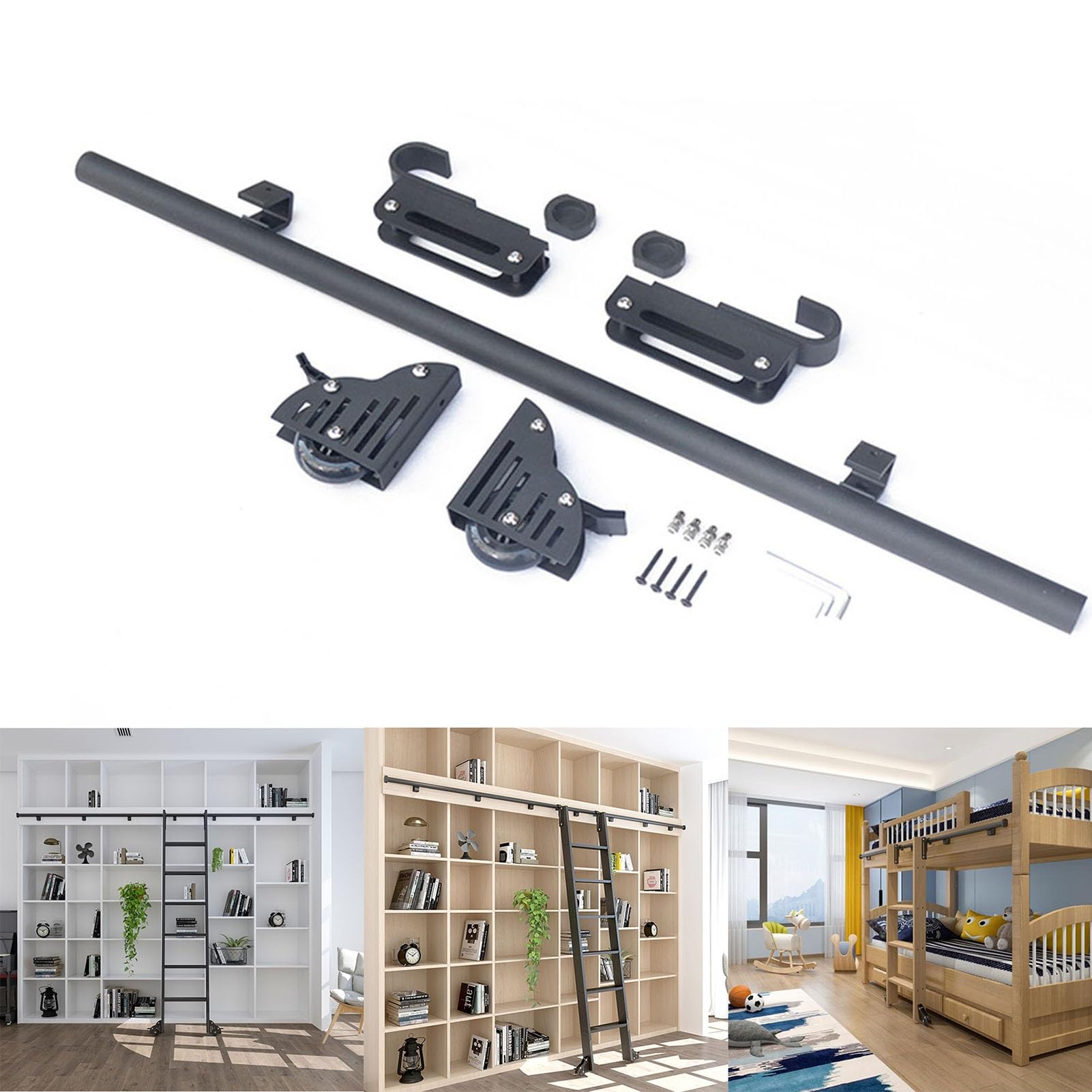 Echelle coulissante tube rond kit quincaillerie pour sécuriser l'accès aux étagères hautes