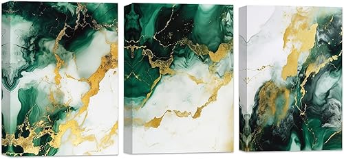Miniatura 1 de Lienzo decorativo para pared, 3 piezas, arte abstracto de mármol verde dorado, impresiones modernas para sala de estar, decoración de pared