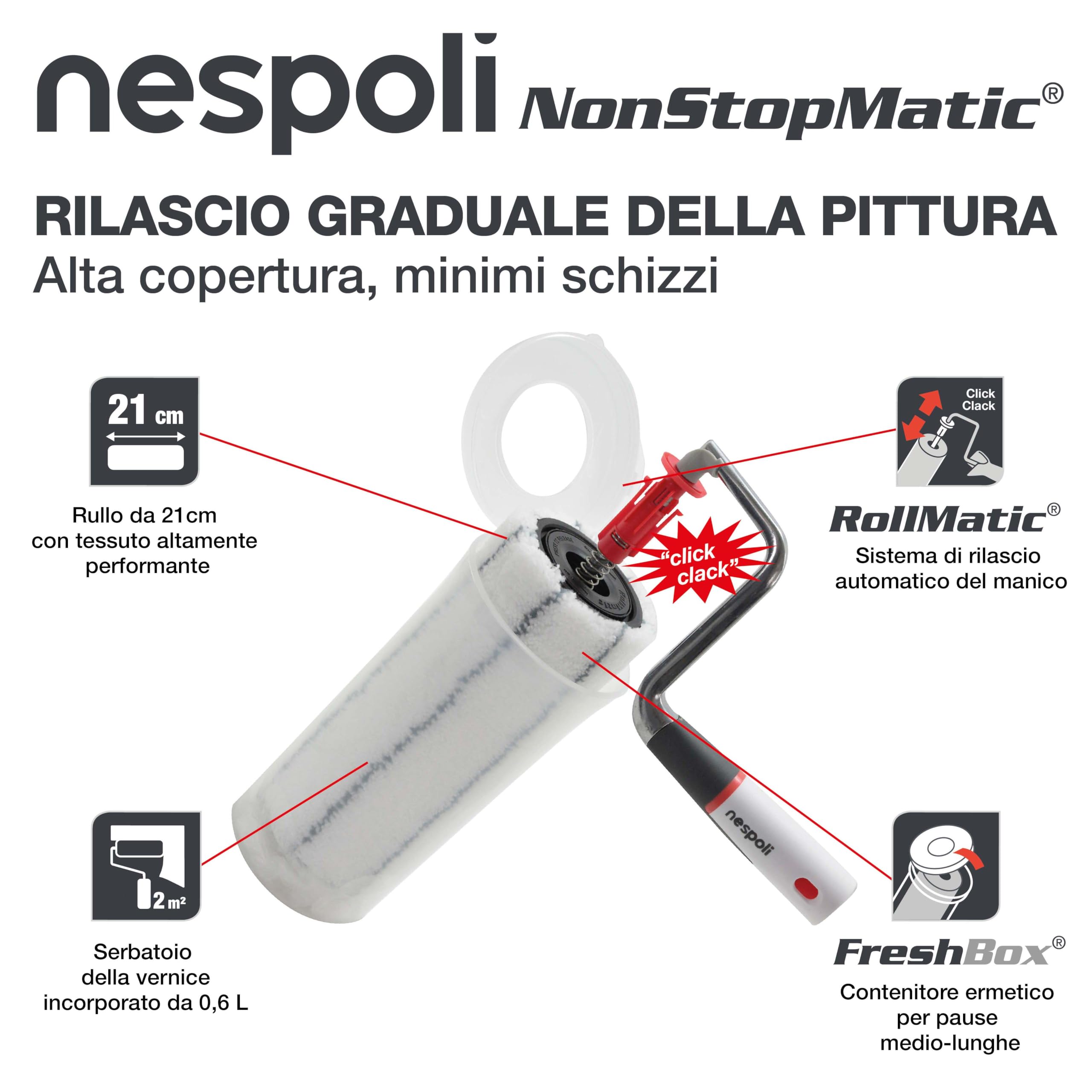Nespoli - Rullo per Pittura NonStopMatic 21cm con Serbatoio e Meccanismo Automatico RollMatic, Rullo con Serbatoio per Imbiancare Capacità 0.6 L, Sistema FreshBox per Conservazione e Viscosimetro