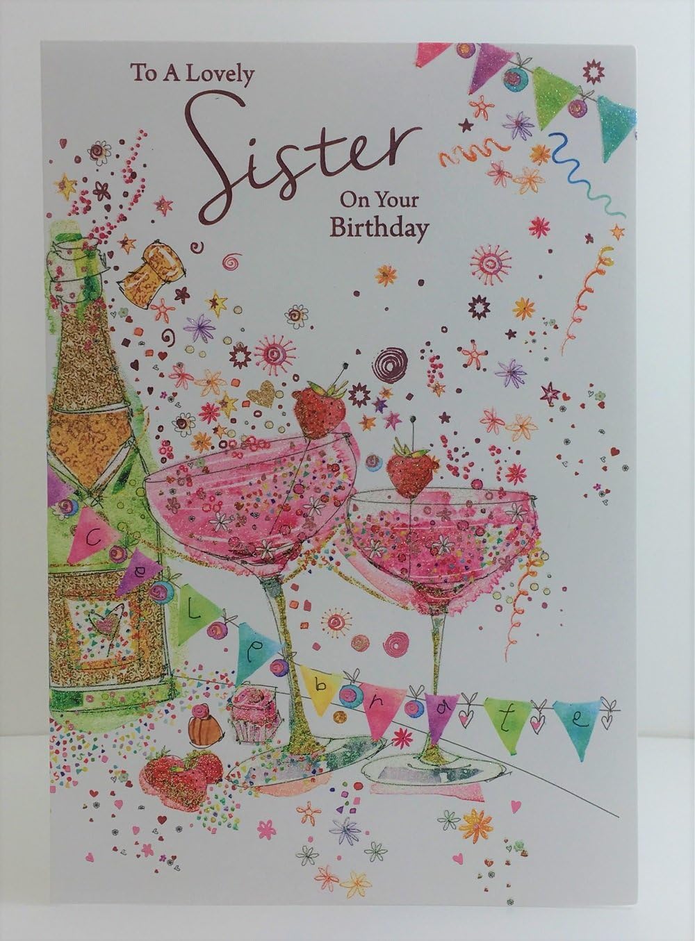 To A Lovely Sister Champagne Strawberry & Glasses Design Happy Birthday Card, grey|brown, 143 mm x 210 mm