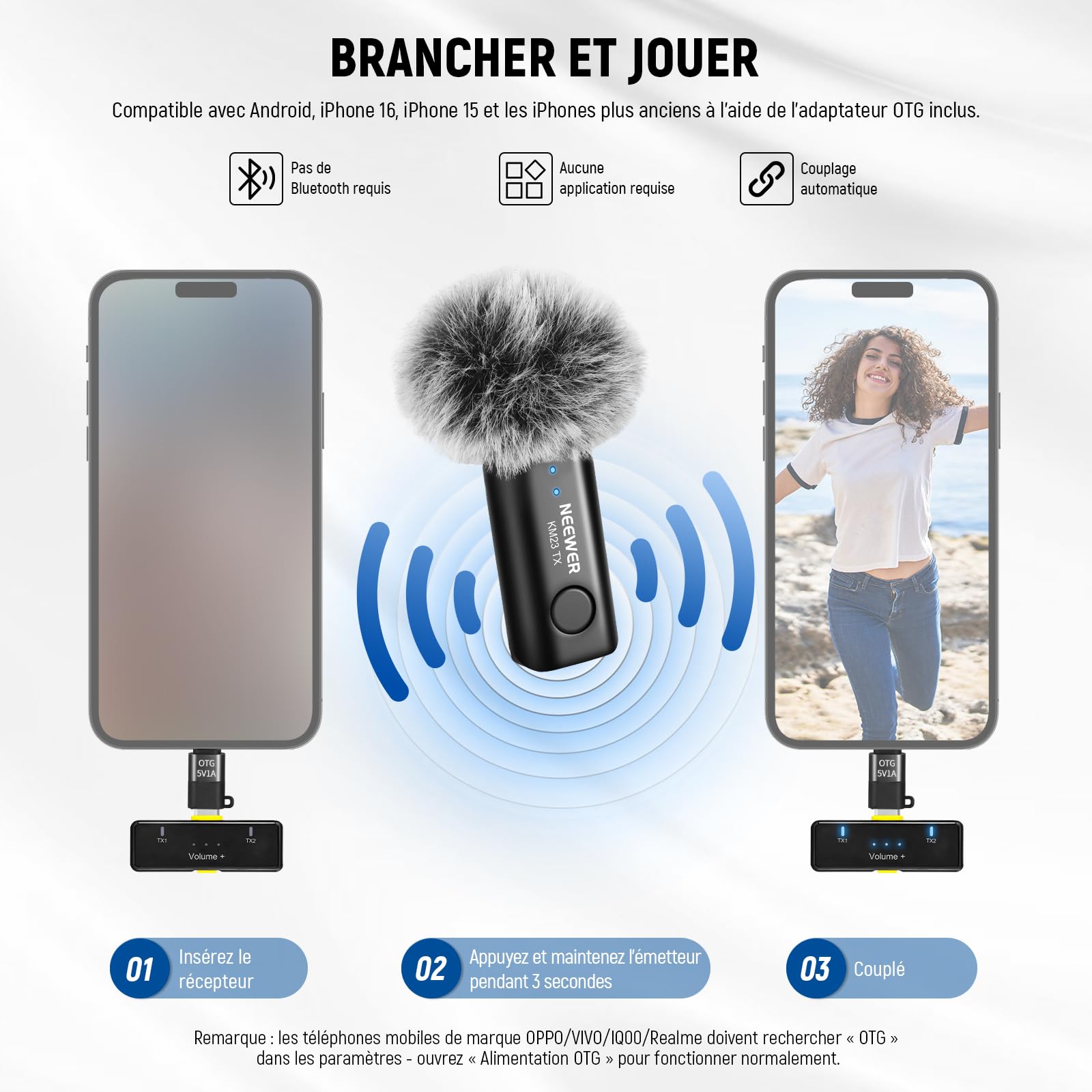 NEEWER Système de Microphone Cravate sans Fil pour USB C, Mini Micro Cravate Antibruit en Clic pour Vlogging, Micro à Condensateur Omnidirectionnel Compatible avec iPhone 15, Samsung Android, KM23