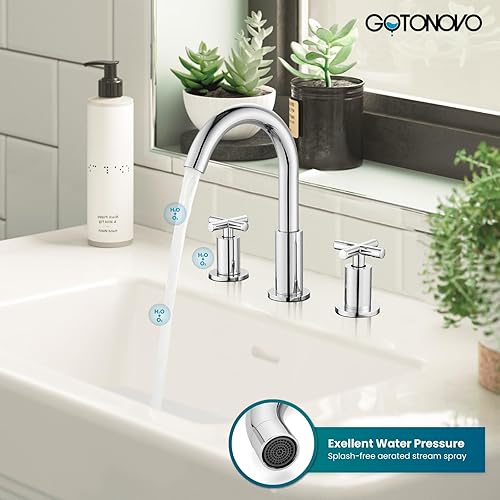 Miniatura 2 de gotonovo Grifo de baño de 3 agujeros, grifo mezclador de doble mango cruzado para fregadero de baño, montaje en cubierta de agua fría caliente,