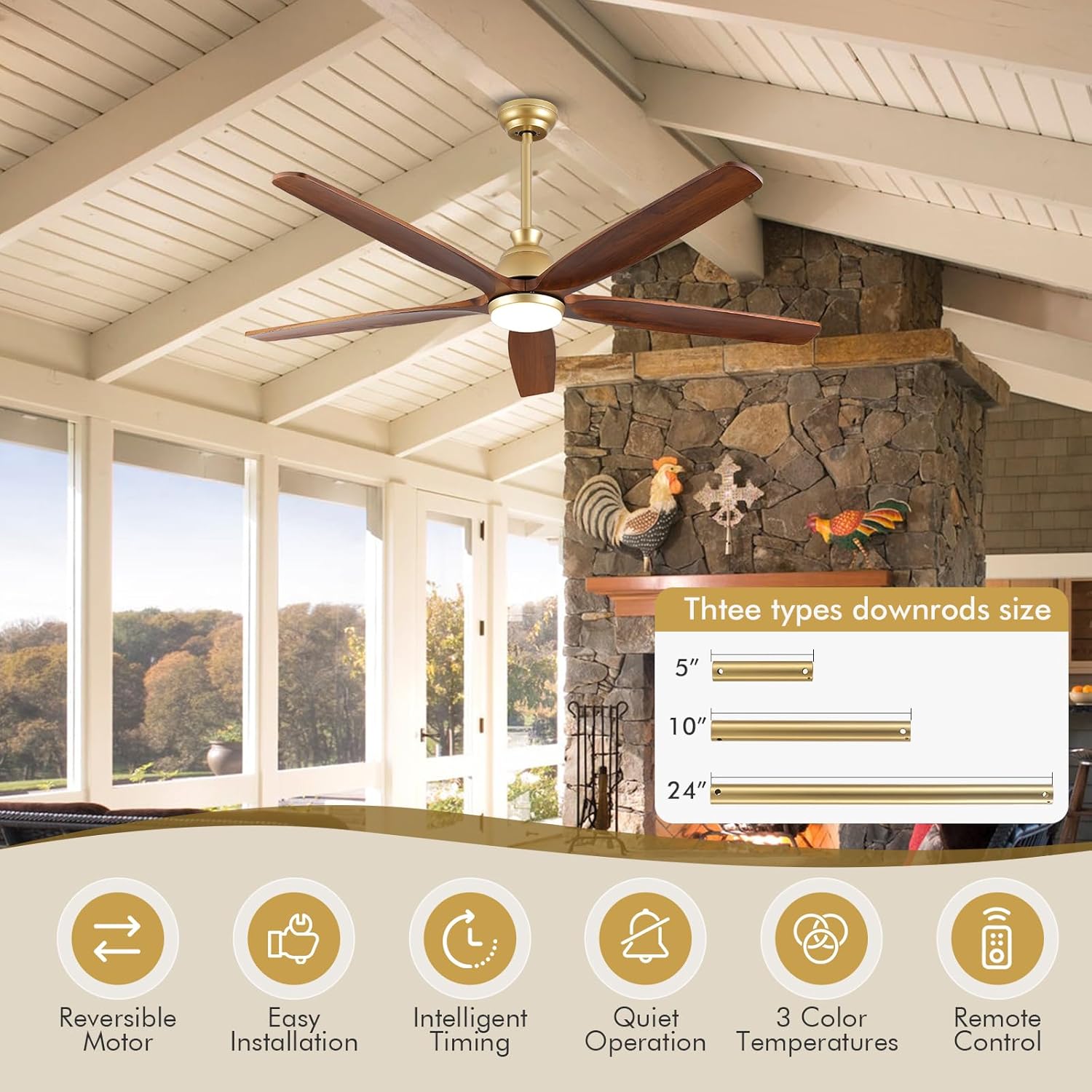 52 Inch Gold Ceiling Fan with Light, Rustic Wood Ceiling Fans with Lights Remote Control Reversible Quiet DC Motor, Indoor Exterior Ceiling Fan for Patios Porch Gazebo Living Room, Dimmable, 3CCT