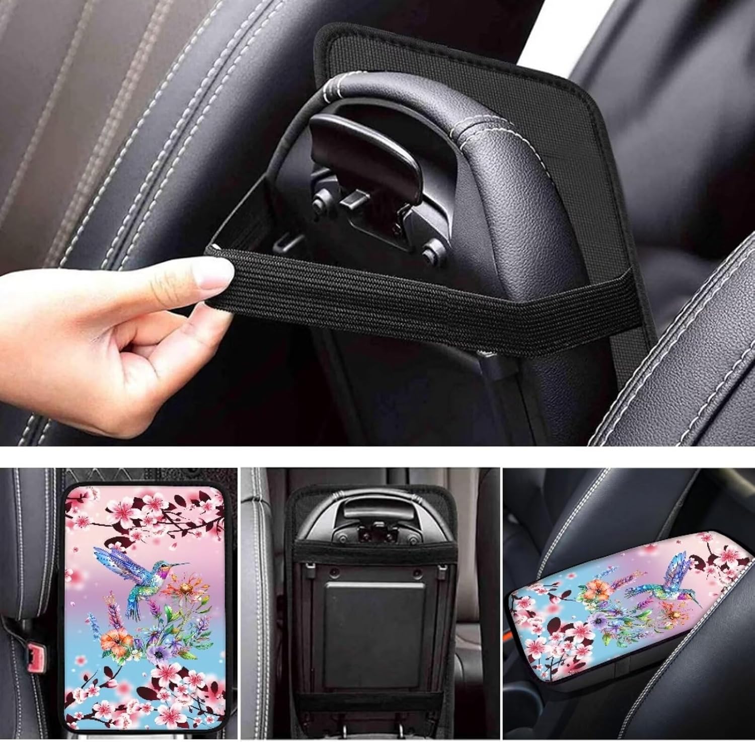 BIGCARJOB 13 Pack Hummingbird Flower Car Seat Cover Full Set for Auto Interior Seat Accessories Set,Cherry Bird Printed Auto Front Rear Seat Protector,Armrest Pads,Chapstick Keyring,Seat Belt Pads