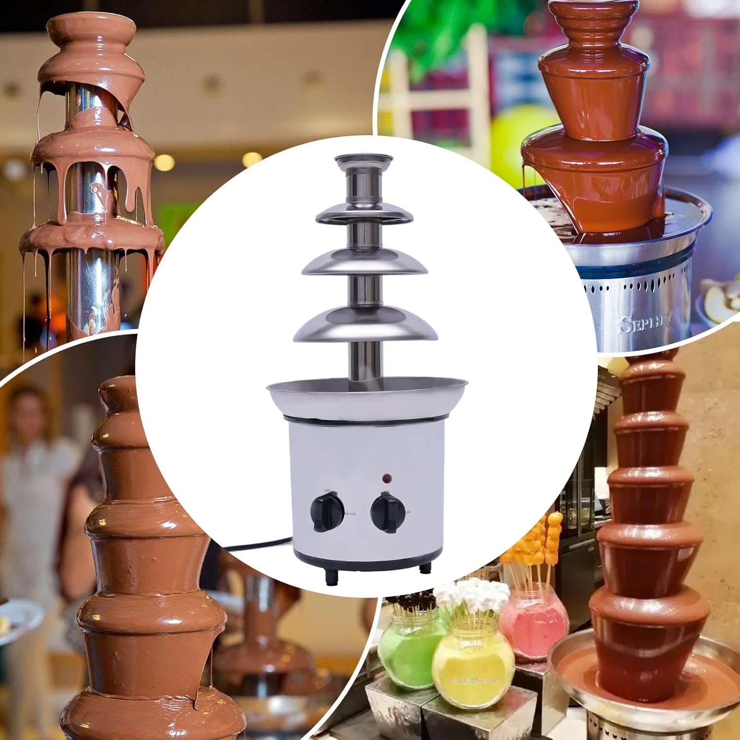Electric Chocolate Fondue Fountain 4 Tier Set, Fountain Machine for Cheese, Melting Chocolate, Stainless Steel Heated Melting Machine