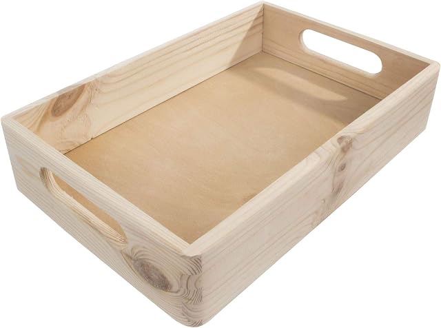 Small Wooden Shallow Crate | 30 x 20 x 6.5 cm | Stackable Tea Coffee Breakfast Serving Tray | Open Top Storage Box with Handles | Feet Underneath | Unpainted & Untreated Decorative Pine
