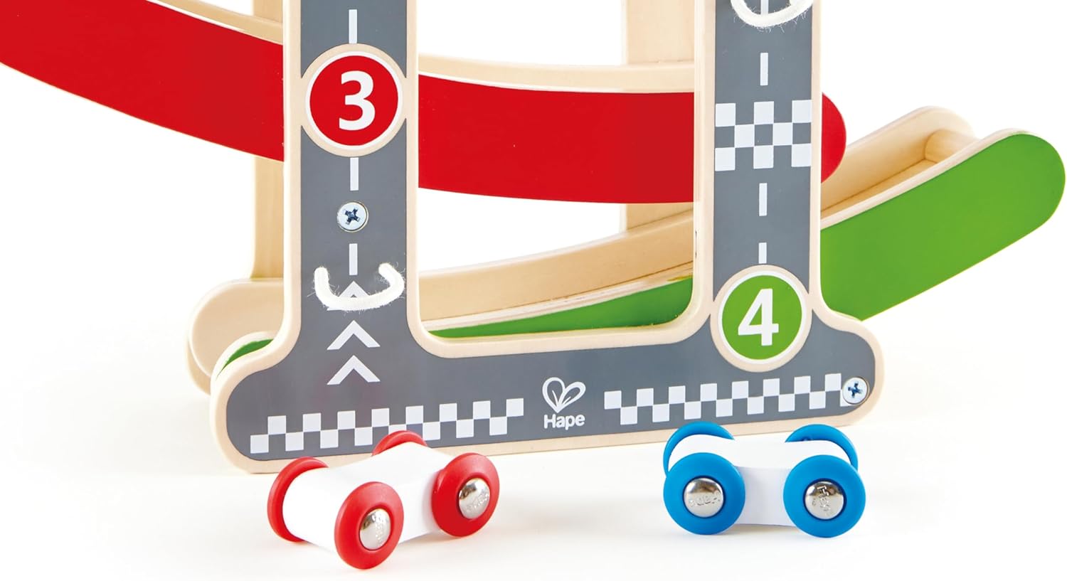 Close-up of cars at the base of the Hape Fast Flip Racetrack